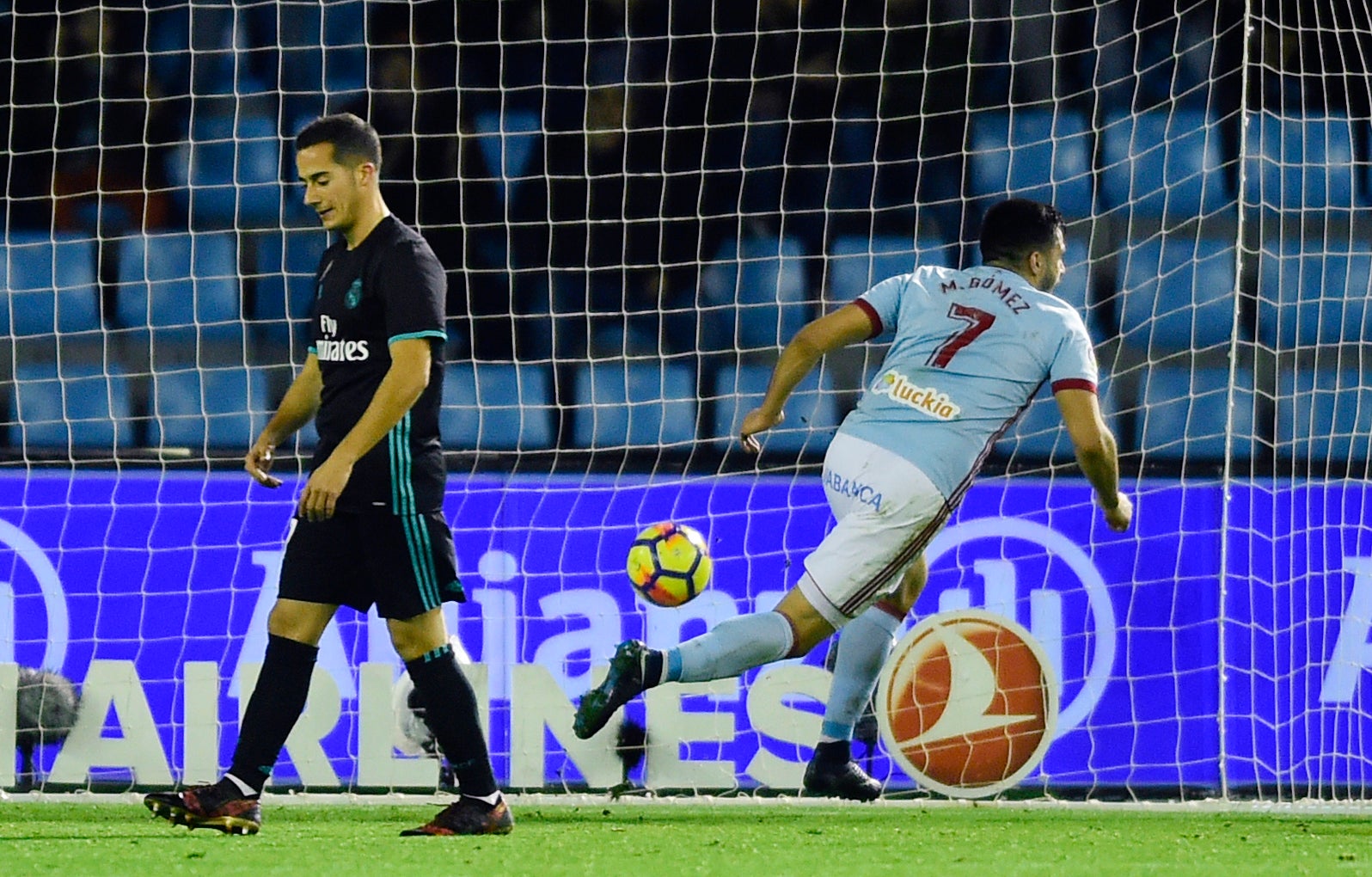 Maxi Gomez in action, scoring against Real Madrid