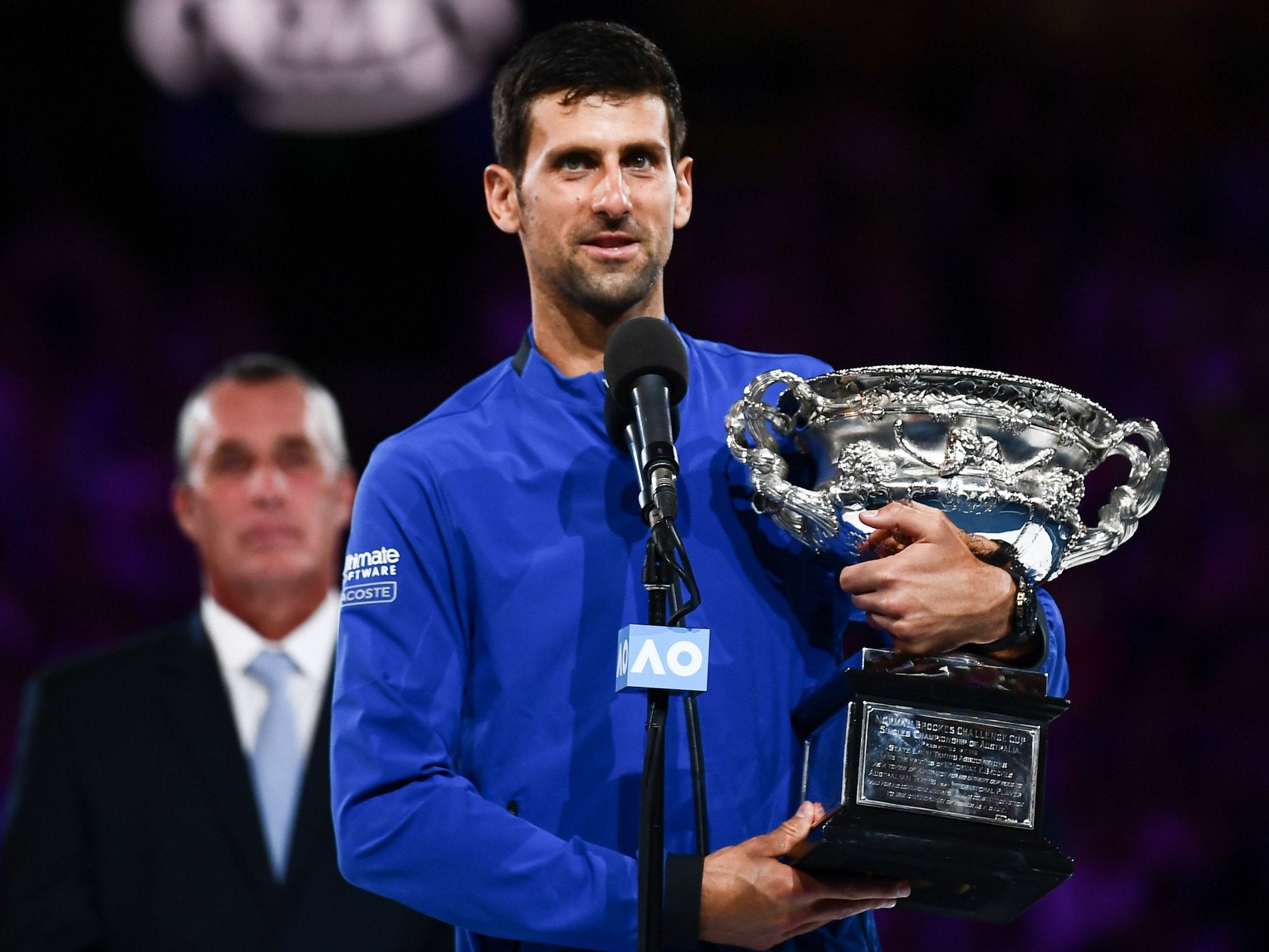 Serbia's Novak Djokovic speaks during the presentation ceremony