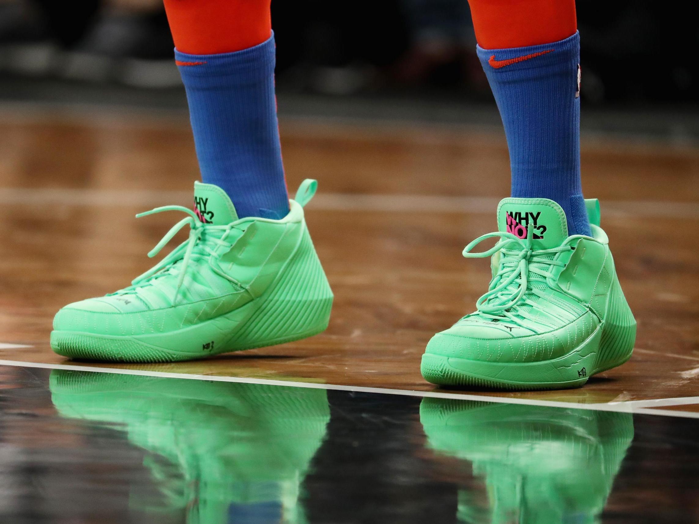 Basket ball heroes inspire millions with their quirky sneaker styles. Pictured: Russell Westbrook of the Oklahoma City Thunder during their game at the Barclkays Centre on 5 December 2018, New York City