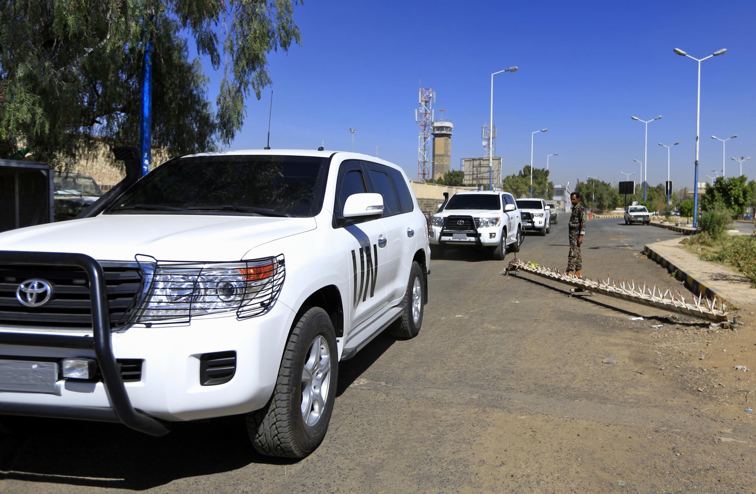 The motorcade of UN special envoy for Yemen Martin Griffiths following his arrival at Sana’a International yesterday (AFP/Getty)