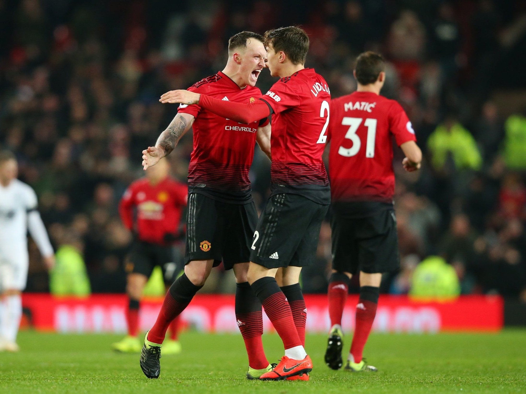 Victor Lindelof celebrates with Phil Jones after scoring the equaliser