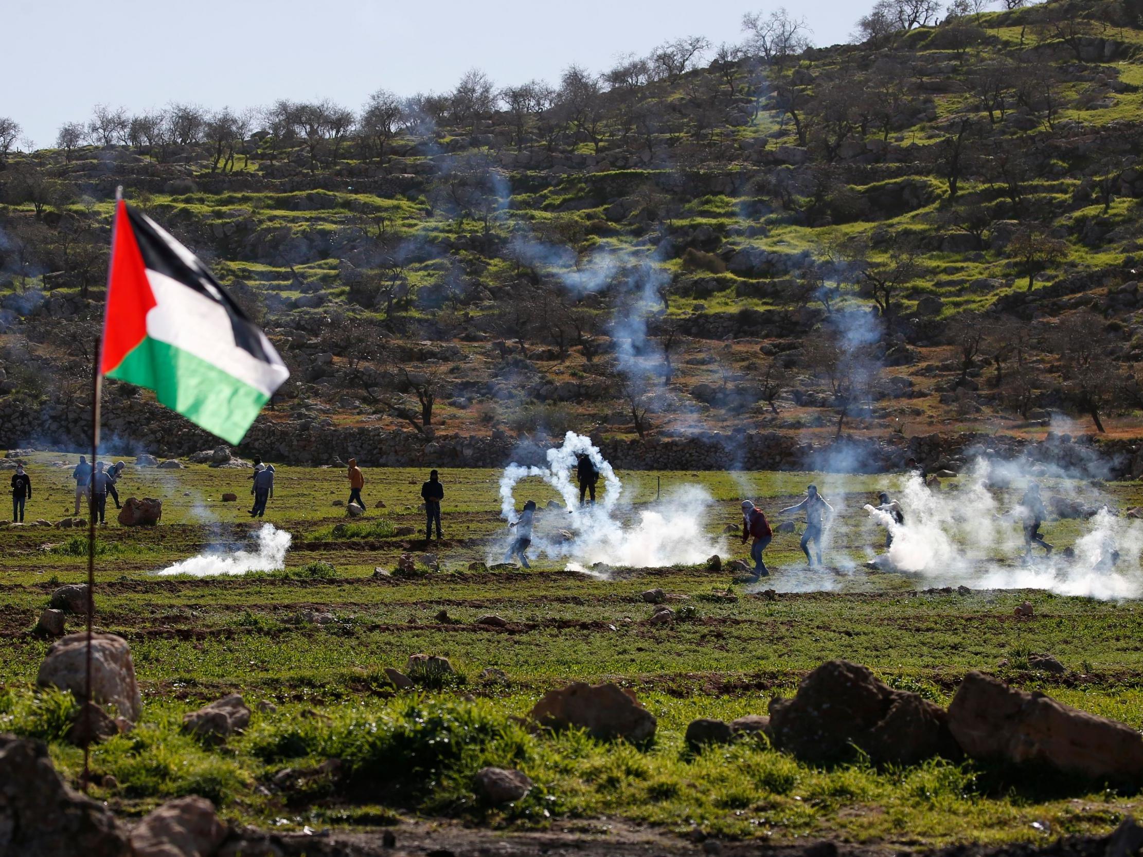 Palestinians protest against land seizures for Jewish settlements in the village of Al-Mughayyir on 25 January