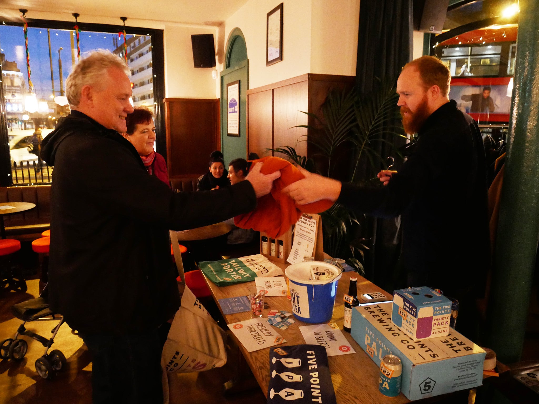 Five Points was set up with the aim of bringing brewing back to the heart of the community, and to help do that it runs fundraisers like this one in aid of the Hackney Winter Night Shelter where customers could exchange unwanted clothing for free beer