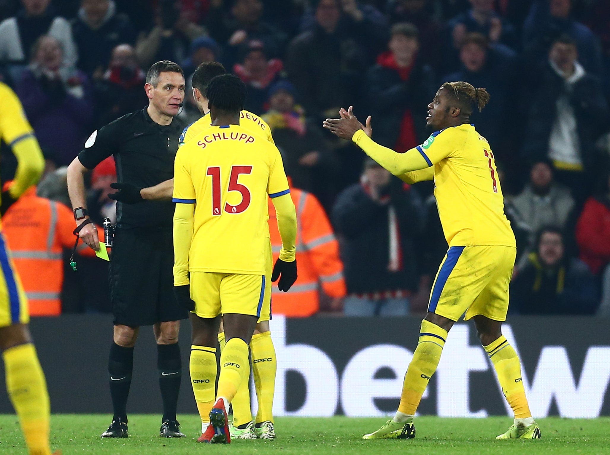 Zaha earned a yellow card for applauding the referee