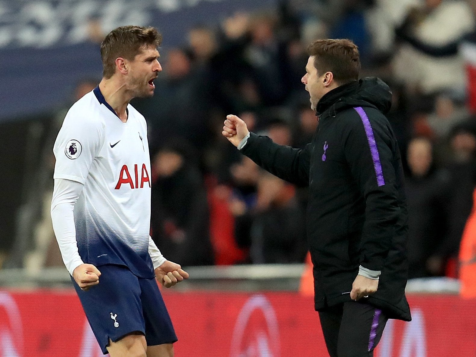 Fernando Llorente celebrates with Mauricio Pochettino after scoring the winner against Watford