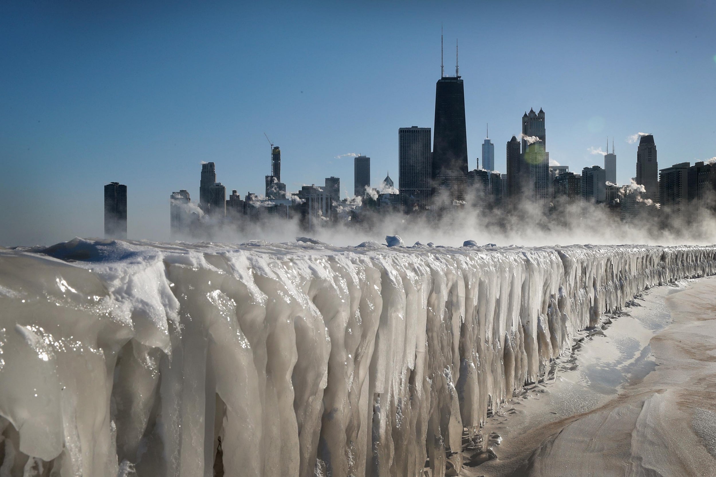 Ice covers the Lake Michigan shoreline