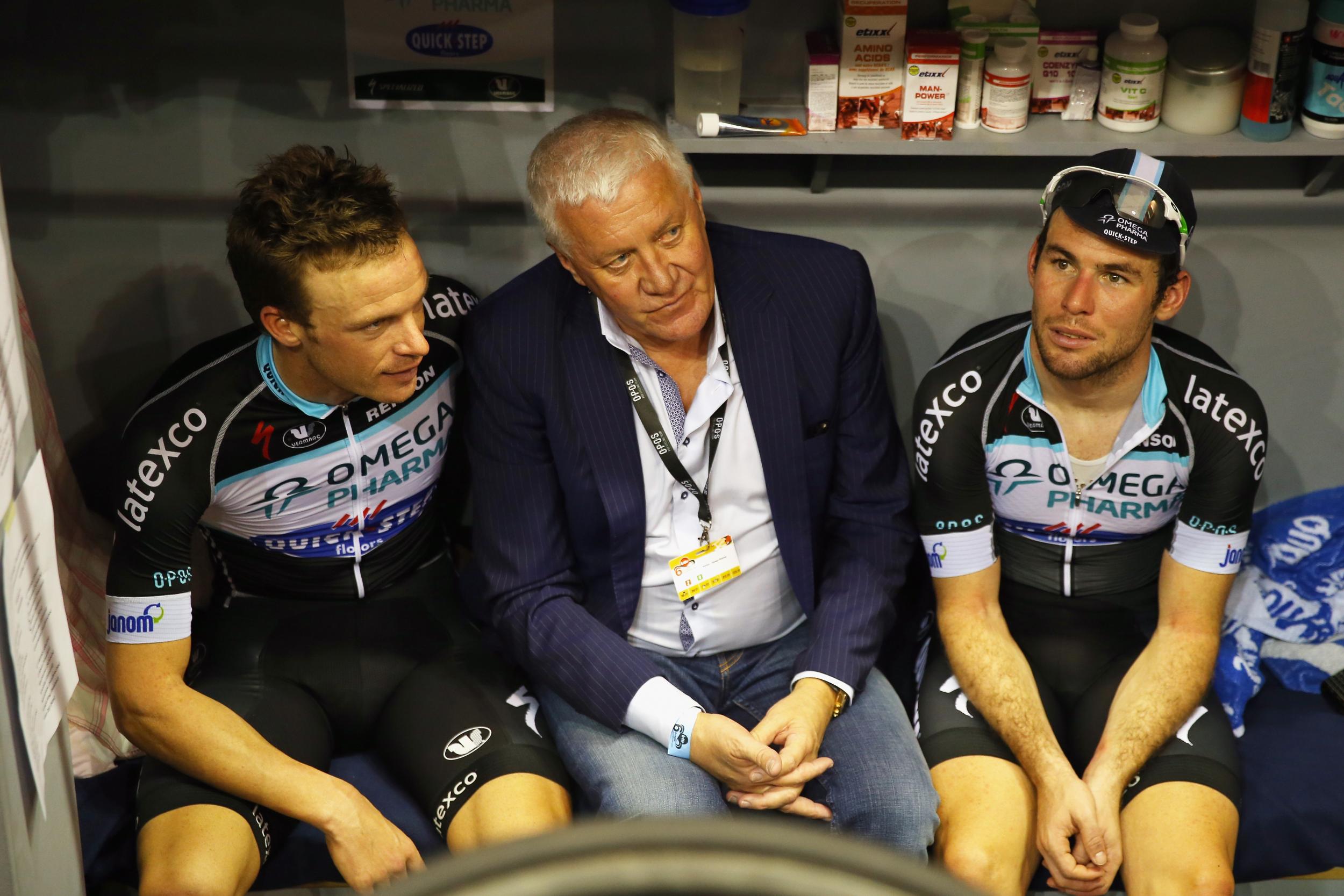 Patrick Lefevere alongside Iljo Keisse, left, and former team-mate Mark Cavendish