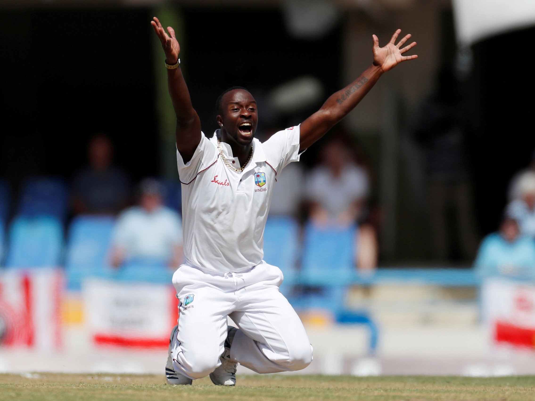 Kemar Roach appeals after bowling to Jonny Bairstow