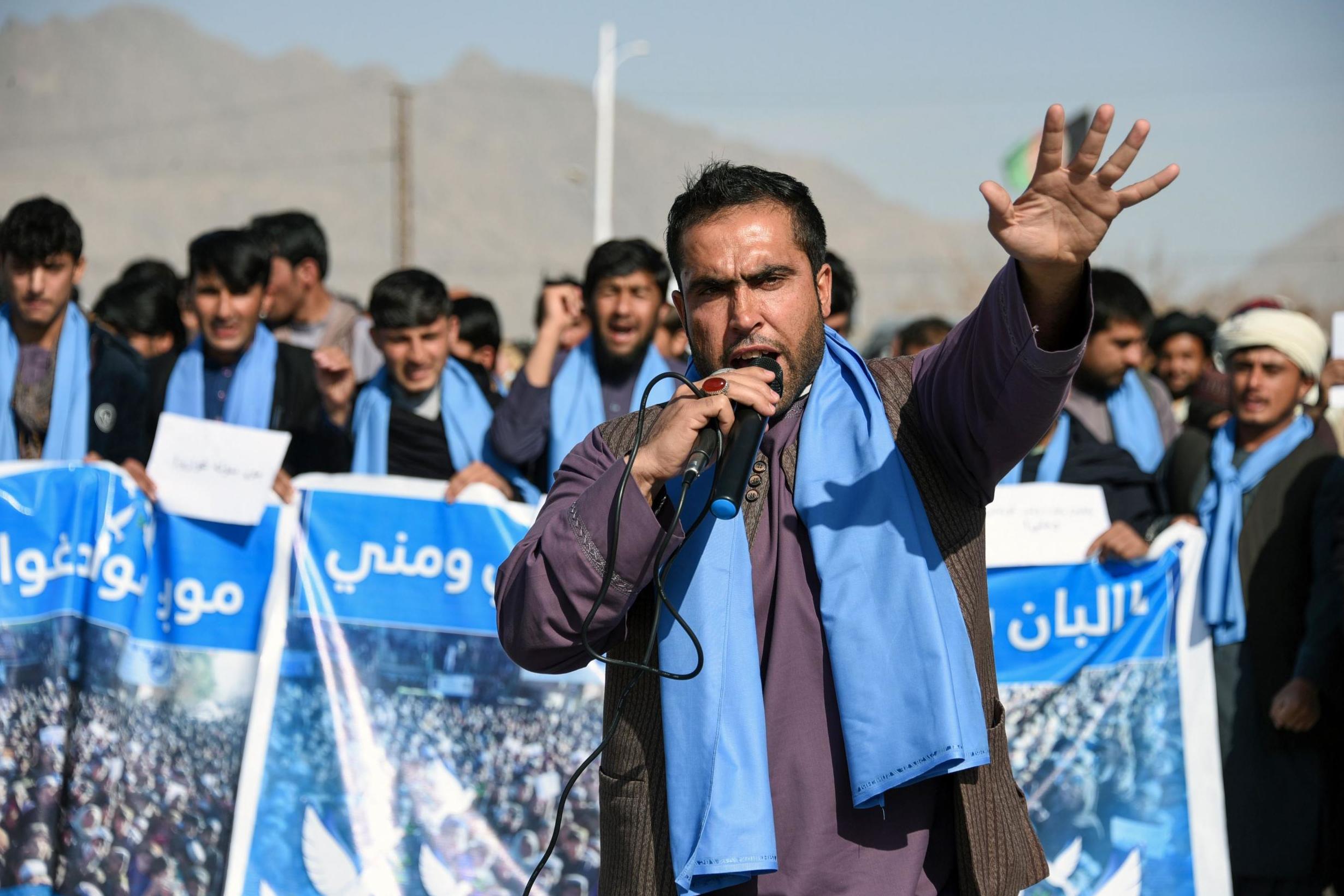 Protesters march last month against the country’s 17-year war with placards stating: ‘No war’, ‘We want ceasefire’ and ‘We want peace’