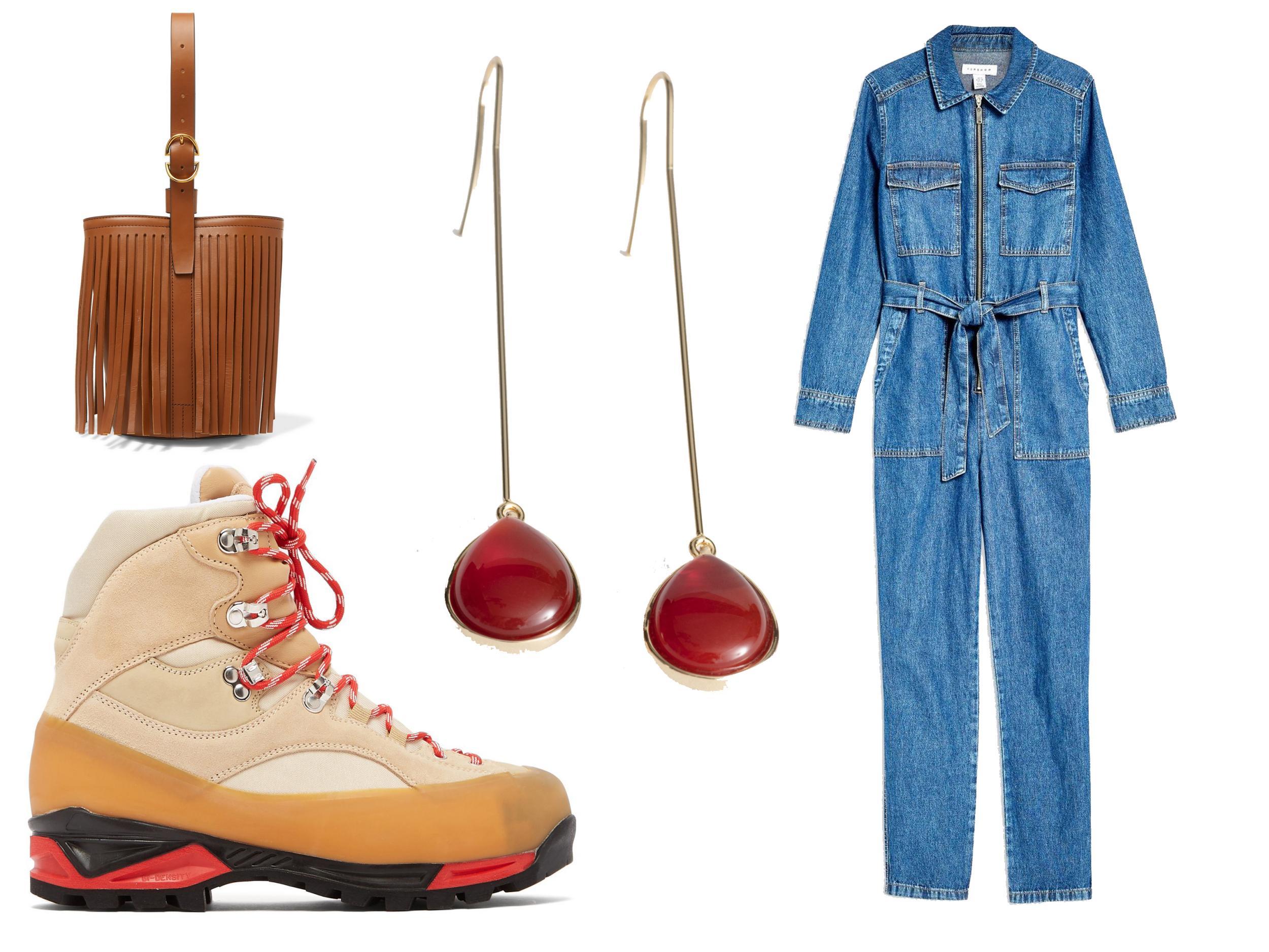 Trademark fringed leather bucket bag: £300, Ganni Sarai high-top suede hiking boots: £370, &amp; Other Stories pendant crystal earrings: £17, Topshop utility denim boiler suit: £59