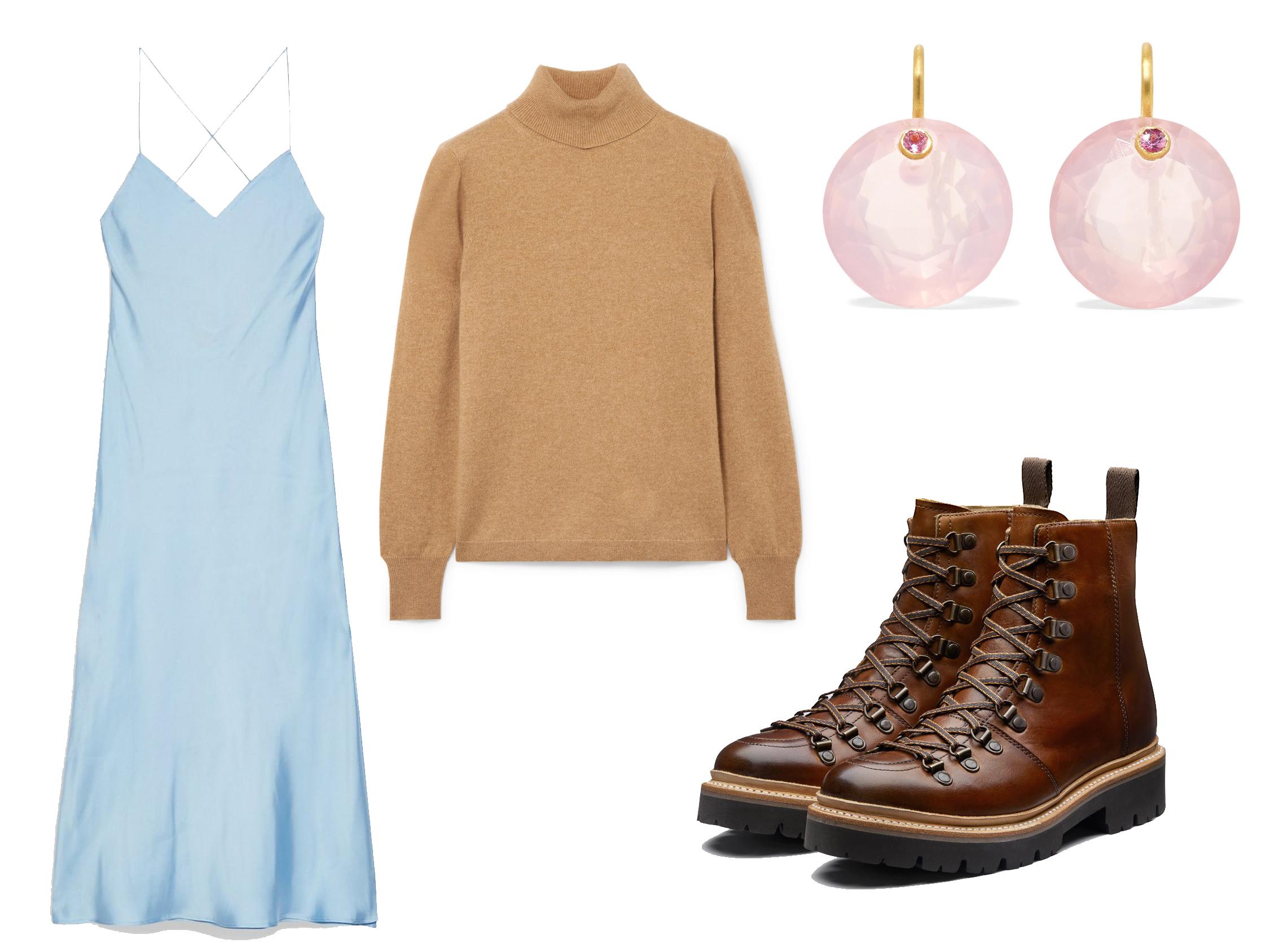 Topshop satin cowl-back slip dress: £35, J. Crew Layla cashmere turtleneck sweater: £130, Marie-Hélène de Taillac 22-carat gold, quartz and sapphire earrings: £890, Grenson Nanette boots: £265