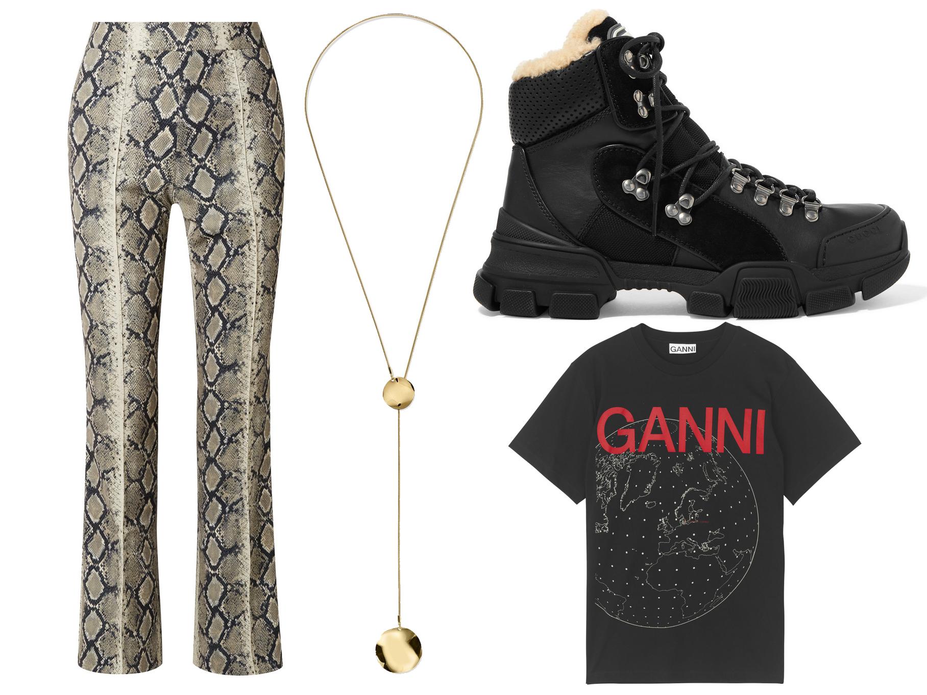 WE11DONE snake-print stretch jersey flared pants: £350, Isabel Marant gold-tone necklace: £140, Gucci flashtrek faux shearling-trimmed leather canvas and suede boot: £875, Ganni light cotton jersey T-shirt: £75