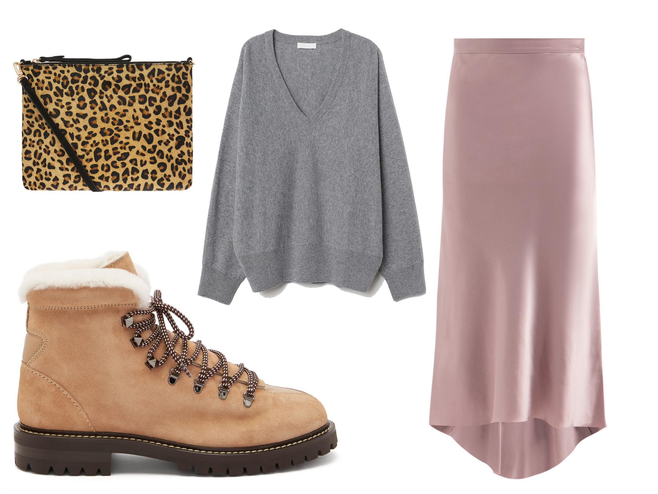 Accessorize Claudia leopard leather cross body bag: £35, Valentino rockstud-embellished leather hiking boots: £955, H&amp;M fine-knit cashmere jumper: £79.99, Raey bias godet silk-satin midi slip skirt: £225