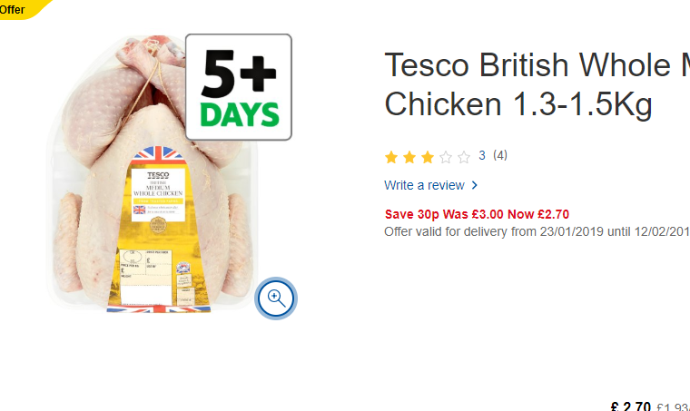 A background image on a Tesco label suggests the chicken lived outdoors, and the price was reduced