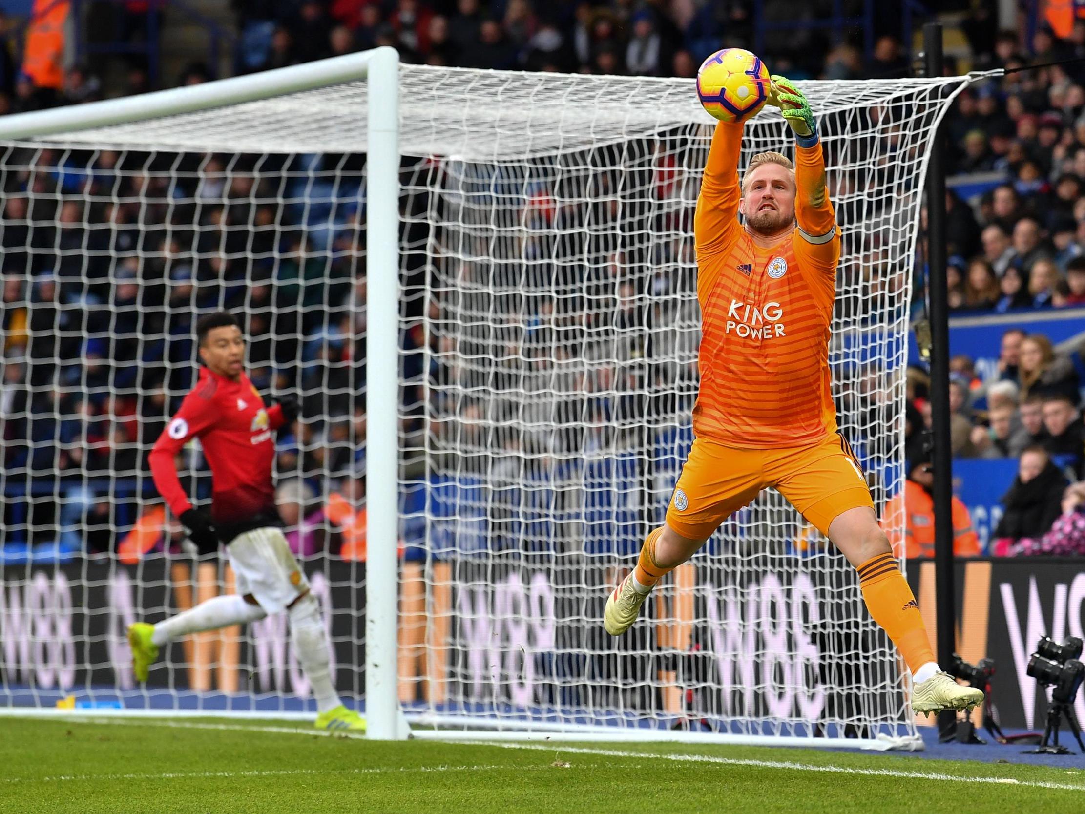 Kasper Schmeichel comes off his line to gather a stray ball