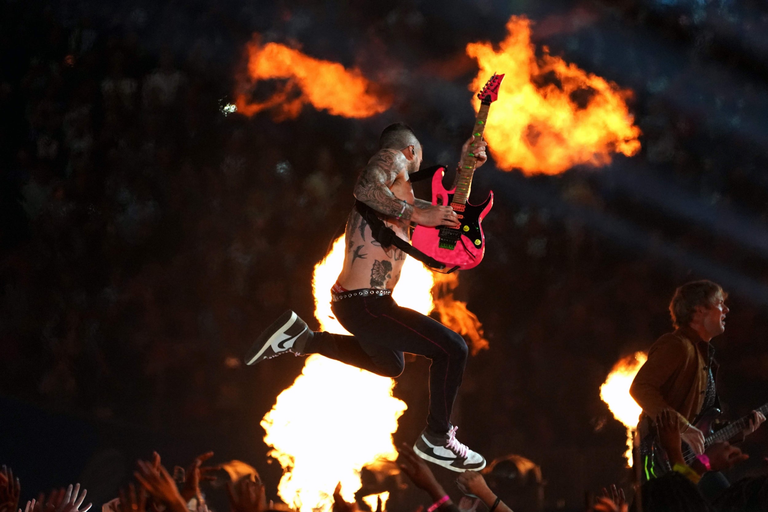 Lead vocalist of Maroon 5 Adam Levine performs during the halftime show of Super Bowl LIII