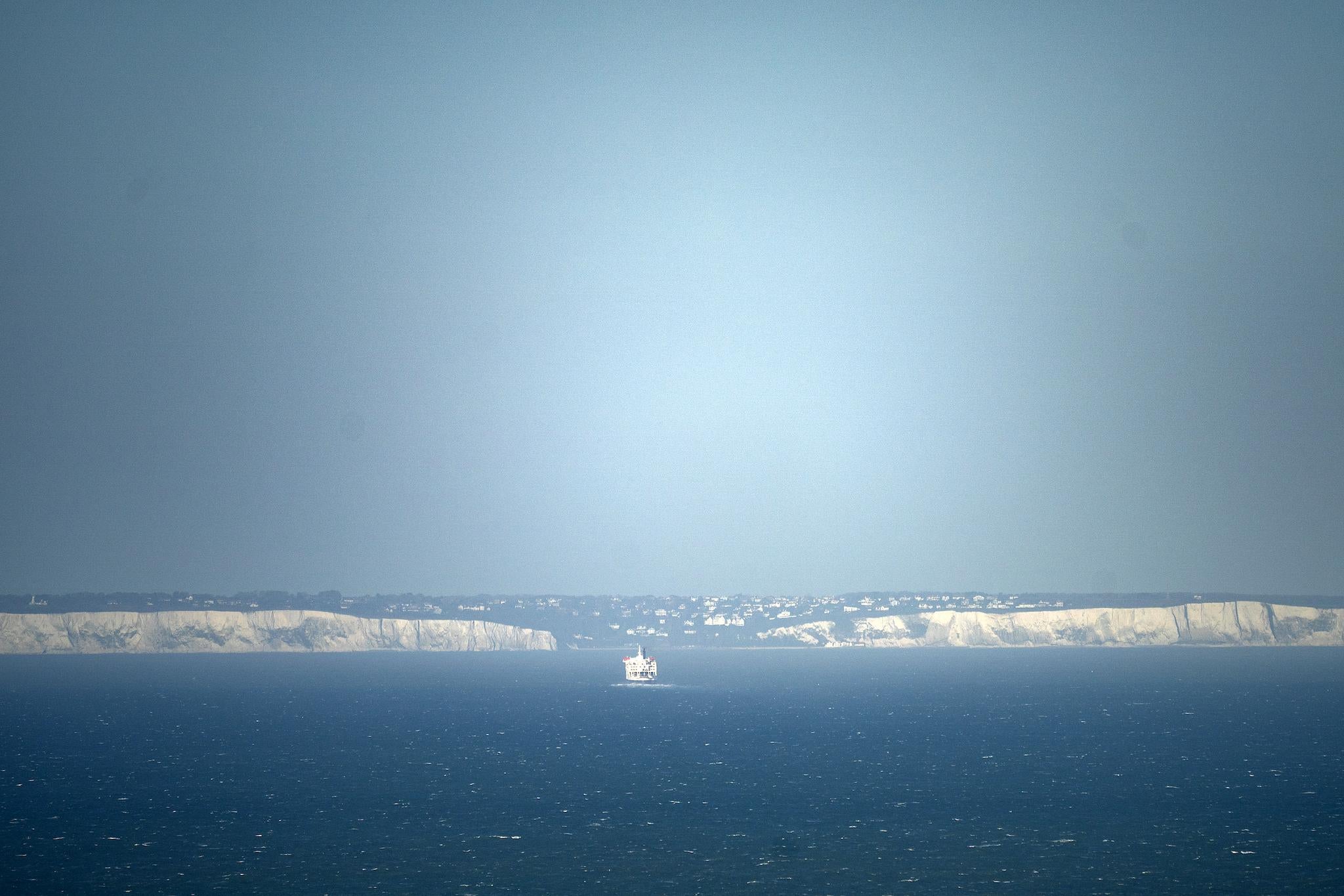 A cross channel ferry is viewed Cap Blanc-Nez as it heads towards the White Cliffs of Dover on January 08, 2019 in Calais, France