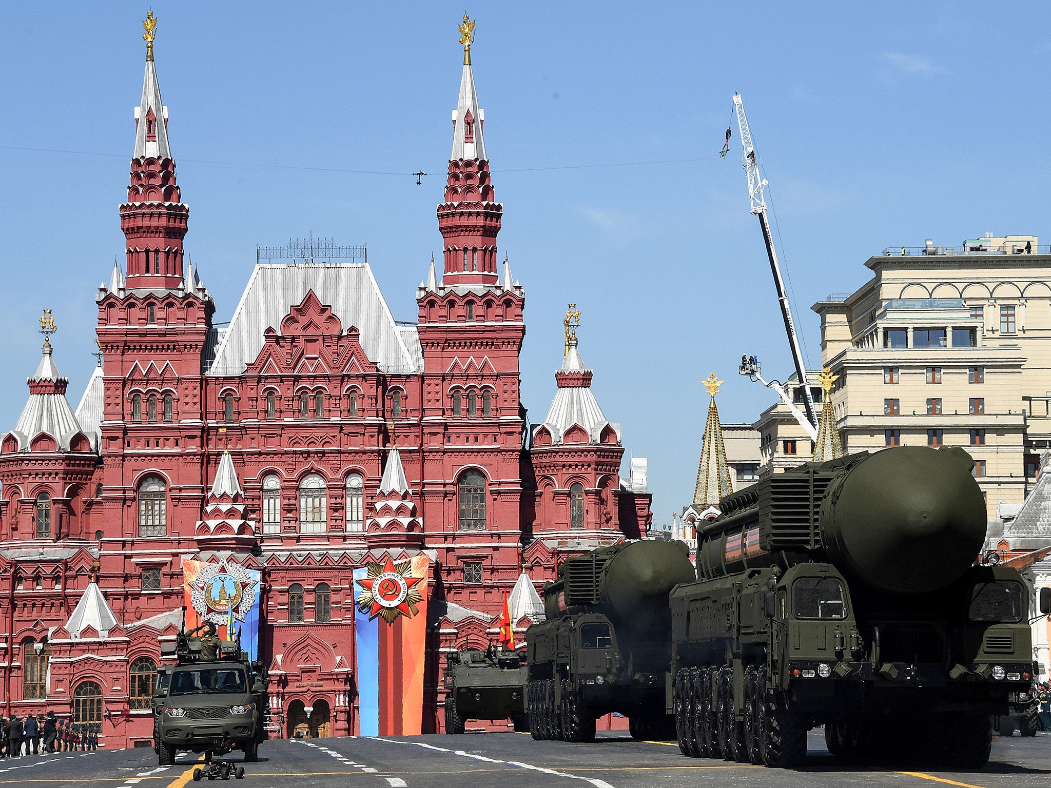 Russian Yars RS-24 intercontinental ballistic missile systems parade through Red Square during the Victory Day military parade in Moscow in May last year