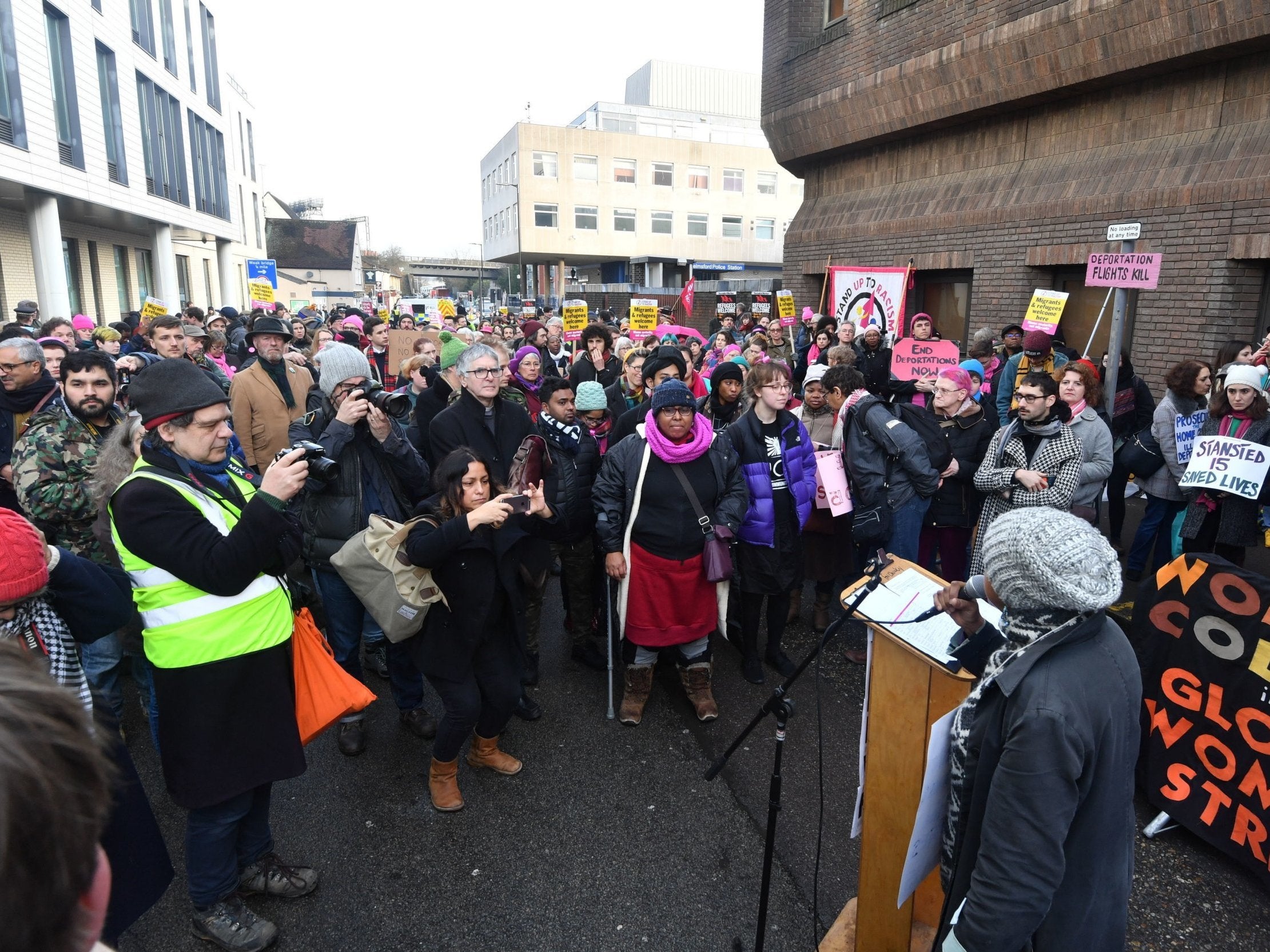 Supporters of the Stansted 15 outside Chelmsford Crown Court in Essex, during sentencing