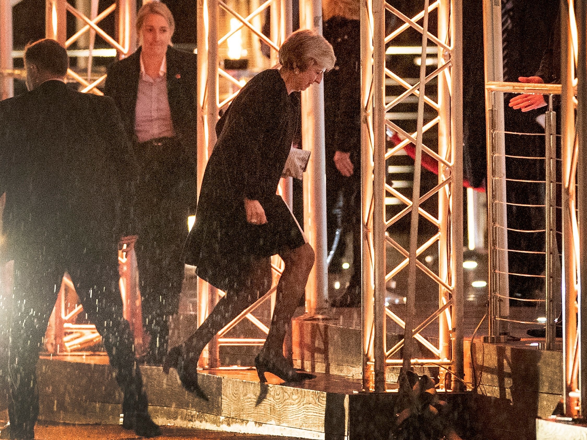 May arrives at Battersea Park in London for the annual Black and White Ball, a fundraiser held by the Conservative Party