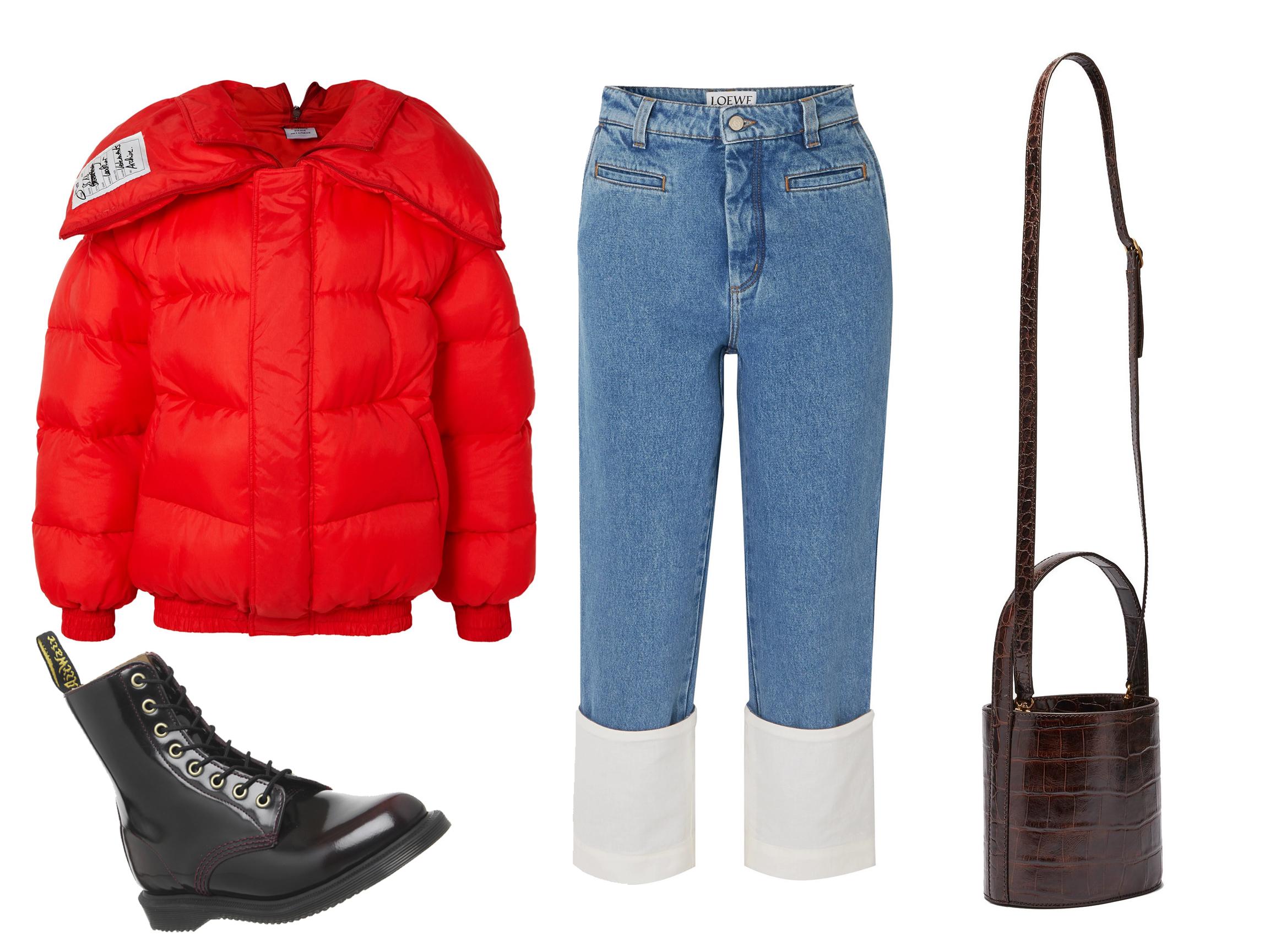 Vetements oversized appliquéd quilted shell jacket: £879, Dr. Martens Elsham 8 eye boots in cherry red: £135, Loewe fisherman cotton poplin-paneled cropped boyfriend jeans: £525, Staud Bissett crocodile-effect leather bucket bag: £310.