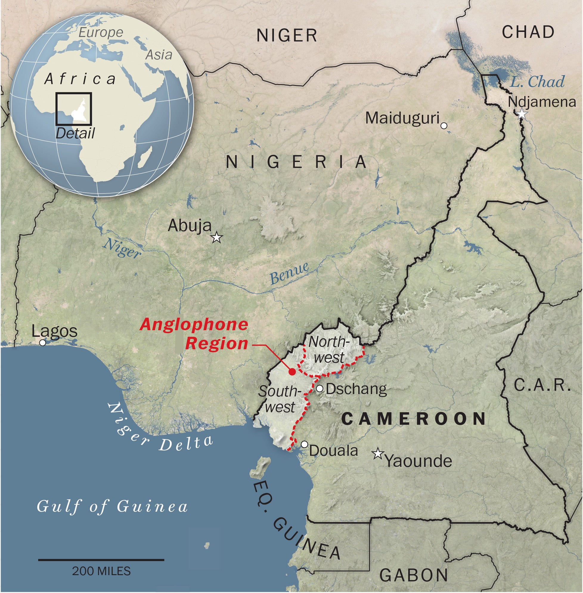 A map locating the anglophone region within Cameroon