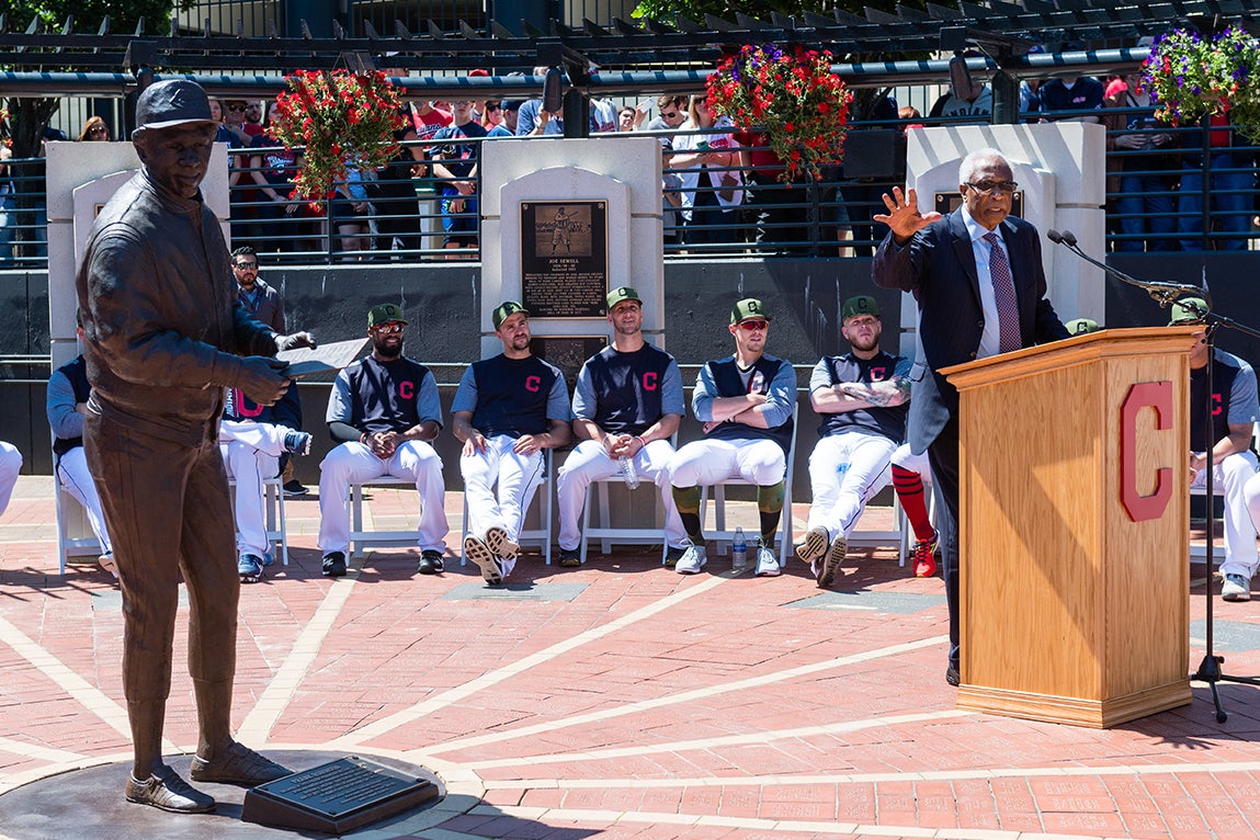 Robinson at the unveiling of a statue commemorating his career in Cleveland, Ohio, 2017