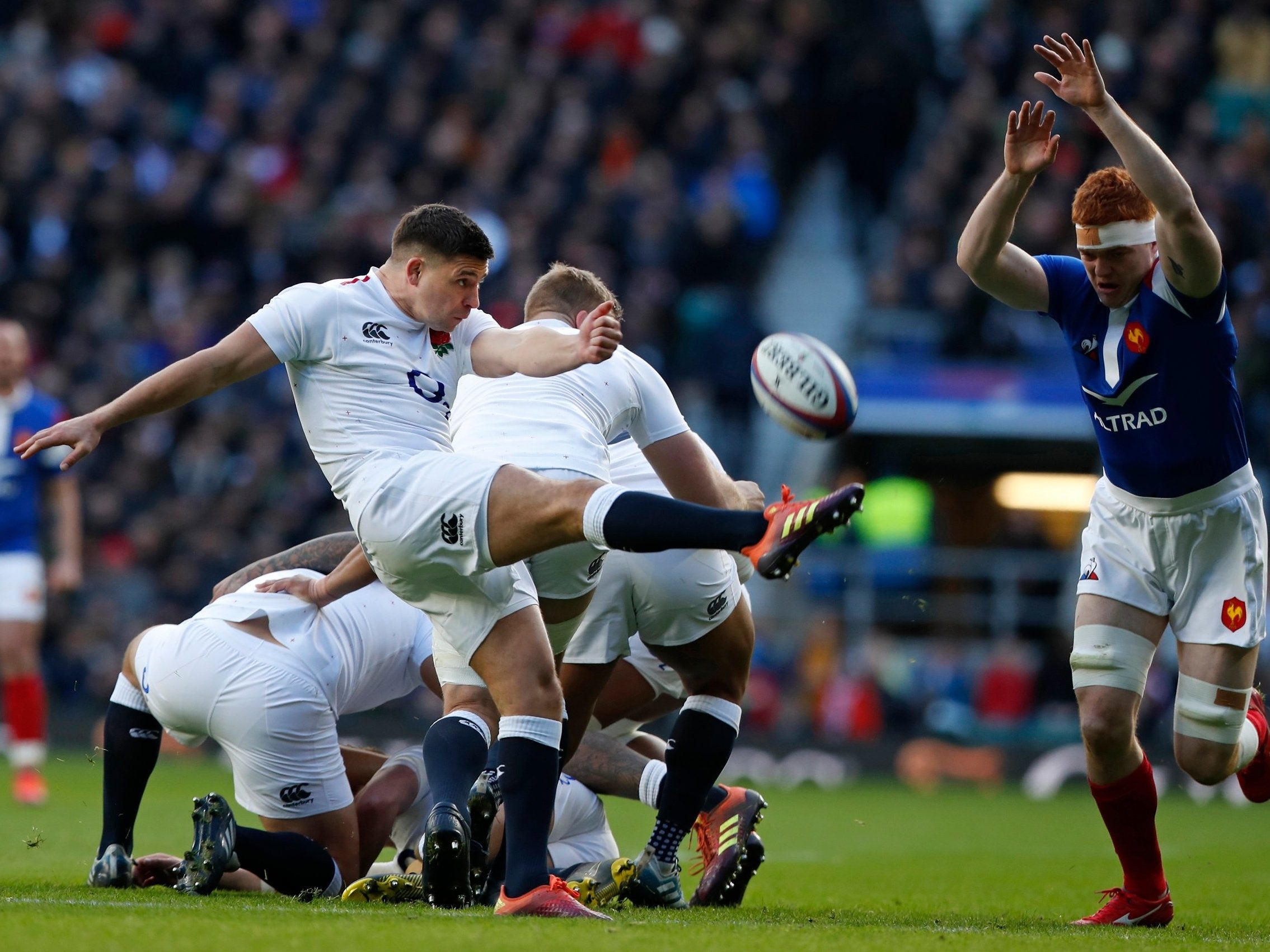 England's Ben Youngs clears the ball