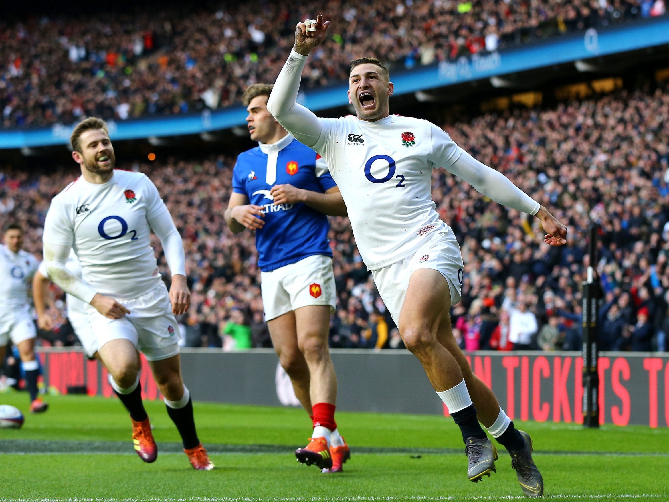 Jonny May scored a first-half hat-trick to secure the bonus point