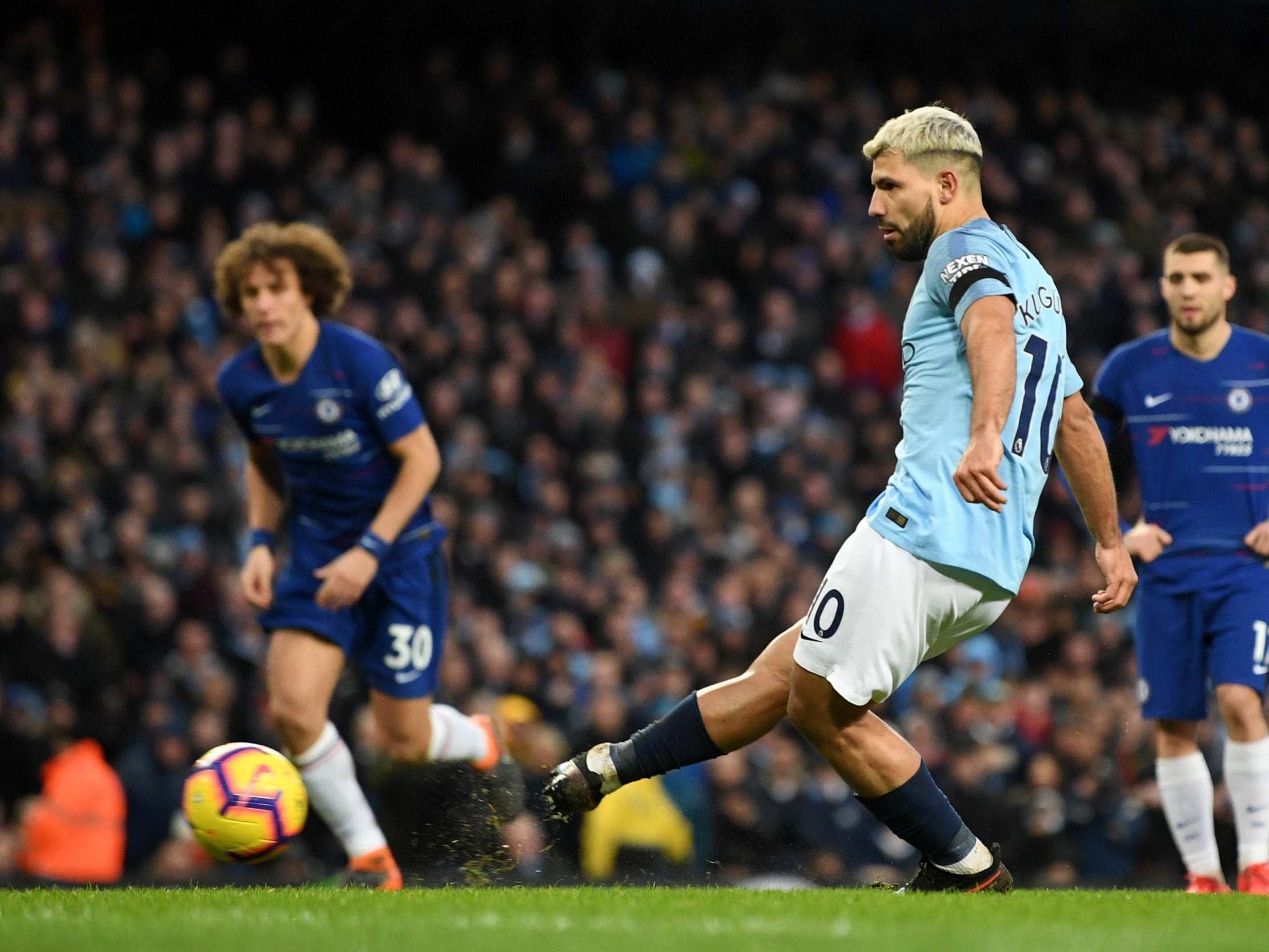 Sergio Aguero completed his hat-trick from the penalty spot (Getty)