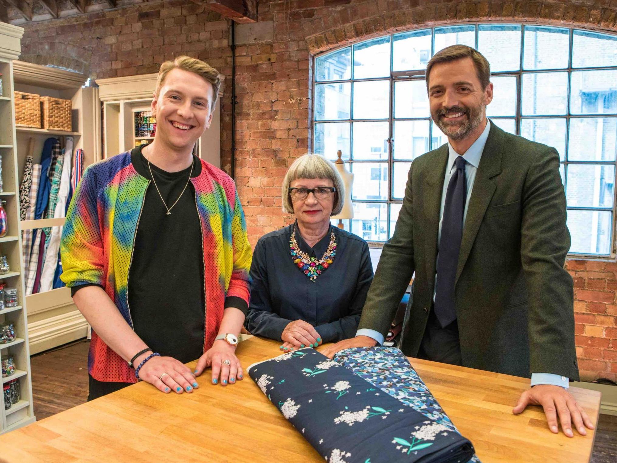 Host Joe Lycett with judges Esme Young and Patrick Grant