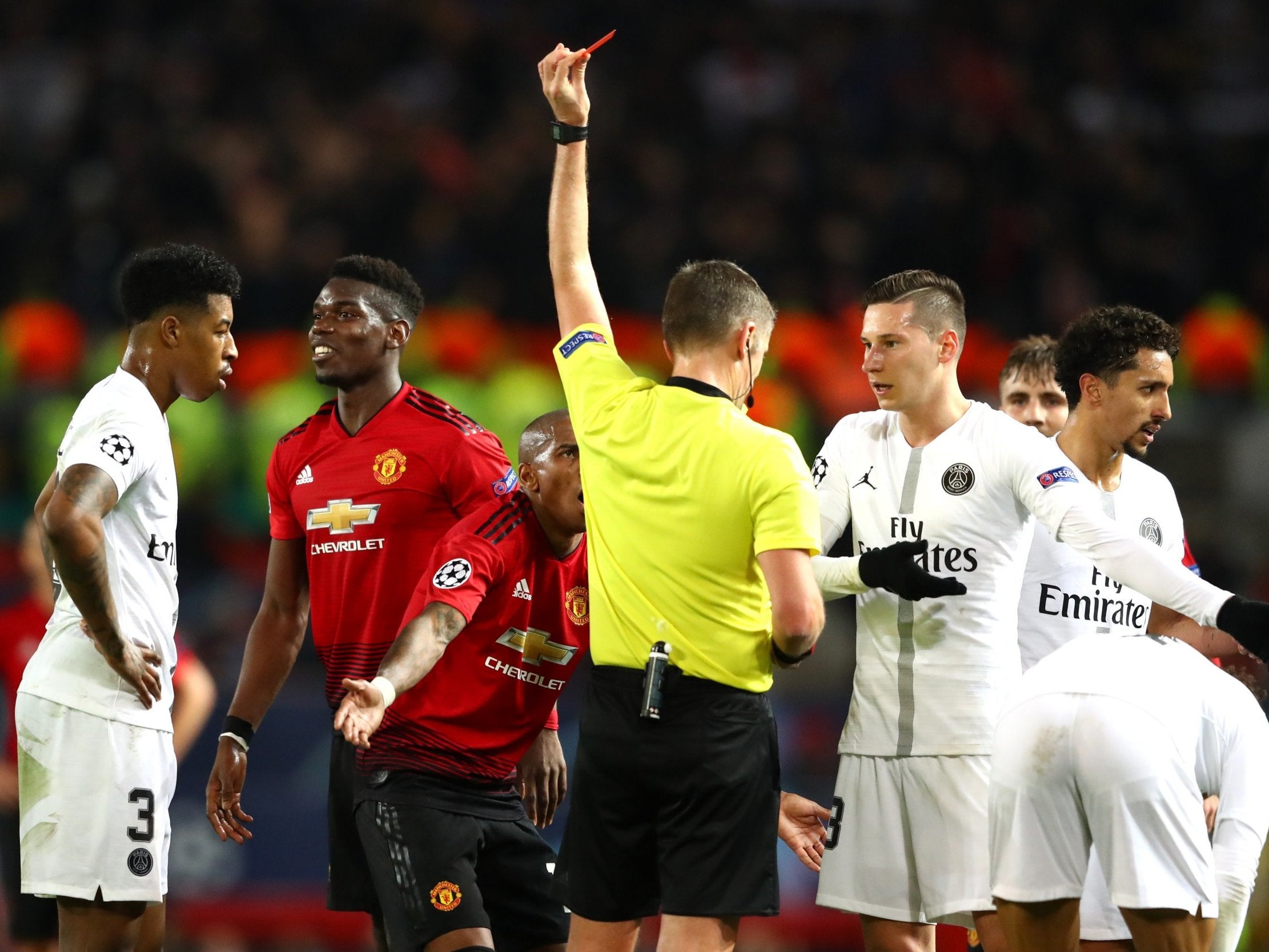 Paul Pogba is shown a red card