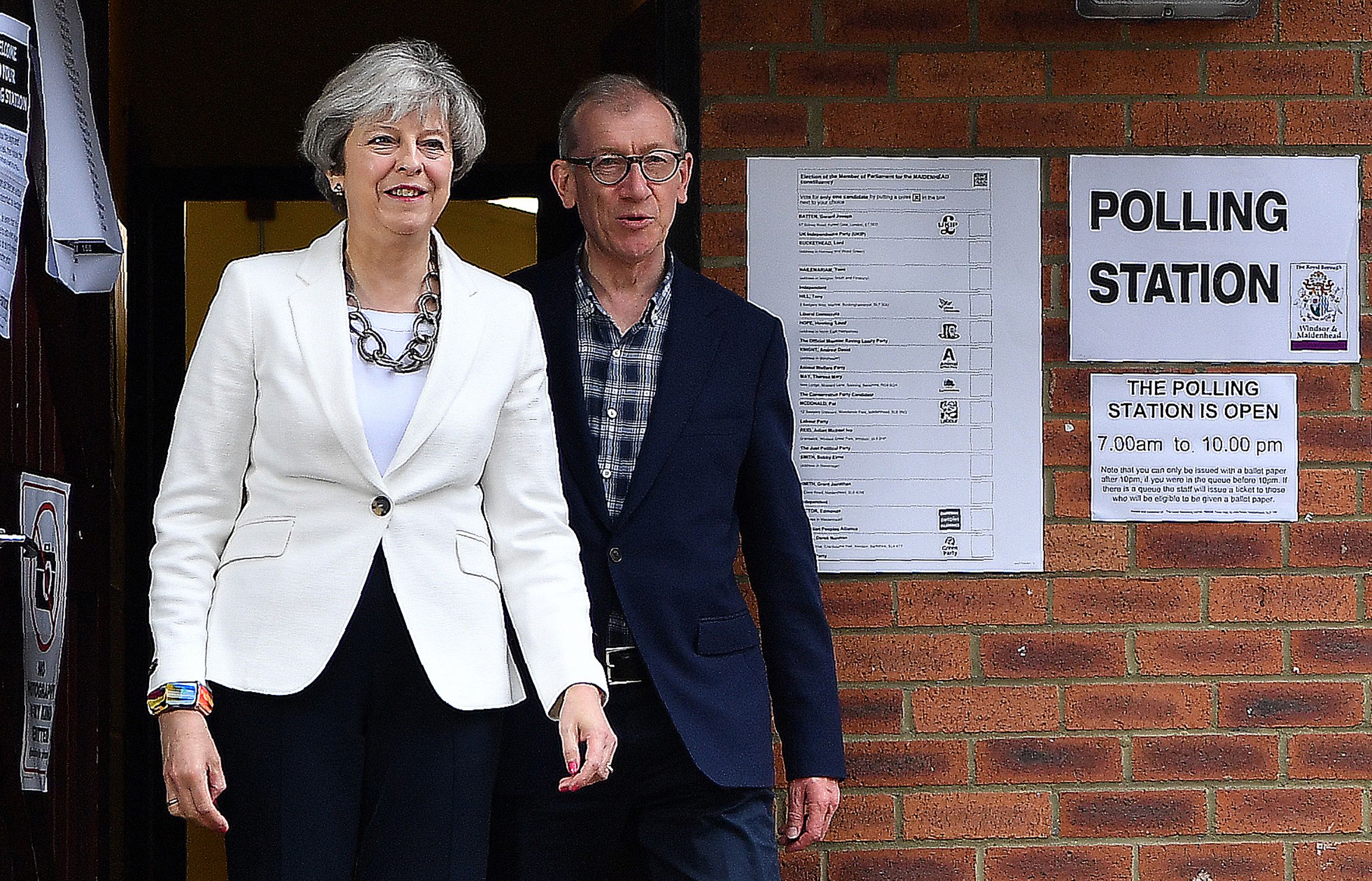 Theresa May and her husband Philip, leave a polling station after voting in the 2017 elections