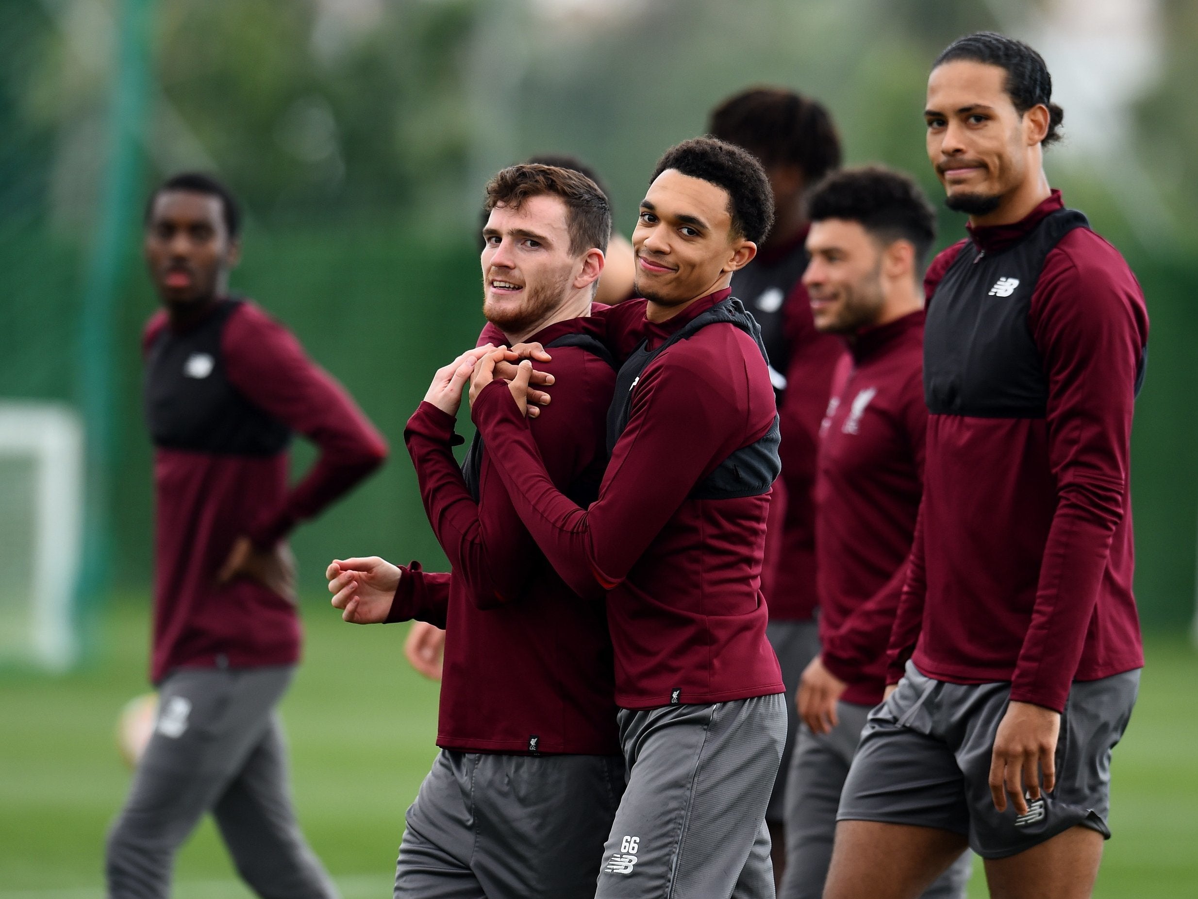 Andy Robertson and Trent Alexander-Arnold during a training session (Liverpool FC via Getty)