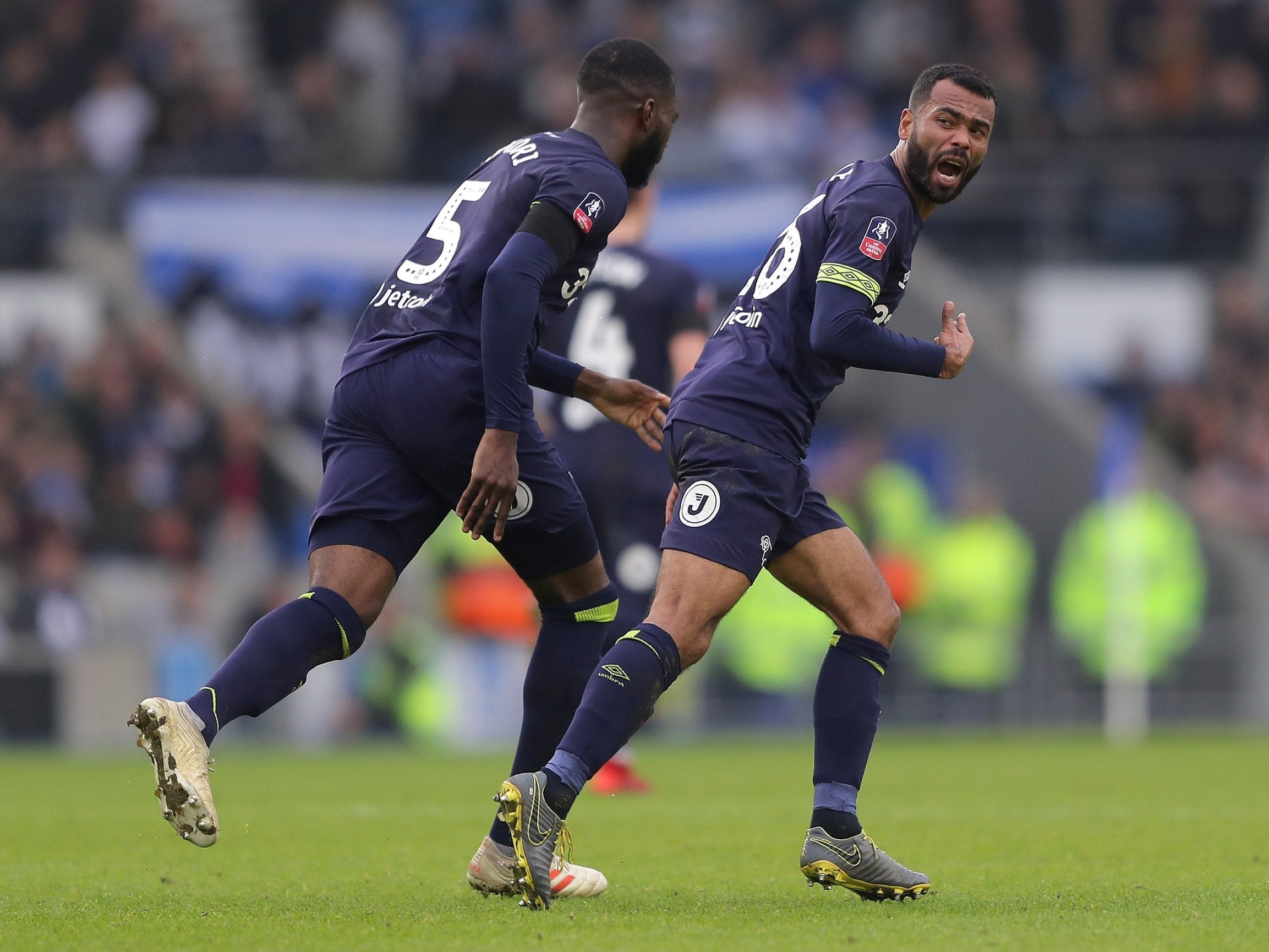 Ashley Cole of Derby County celebrates after scoring