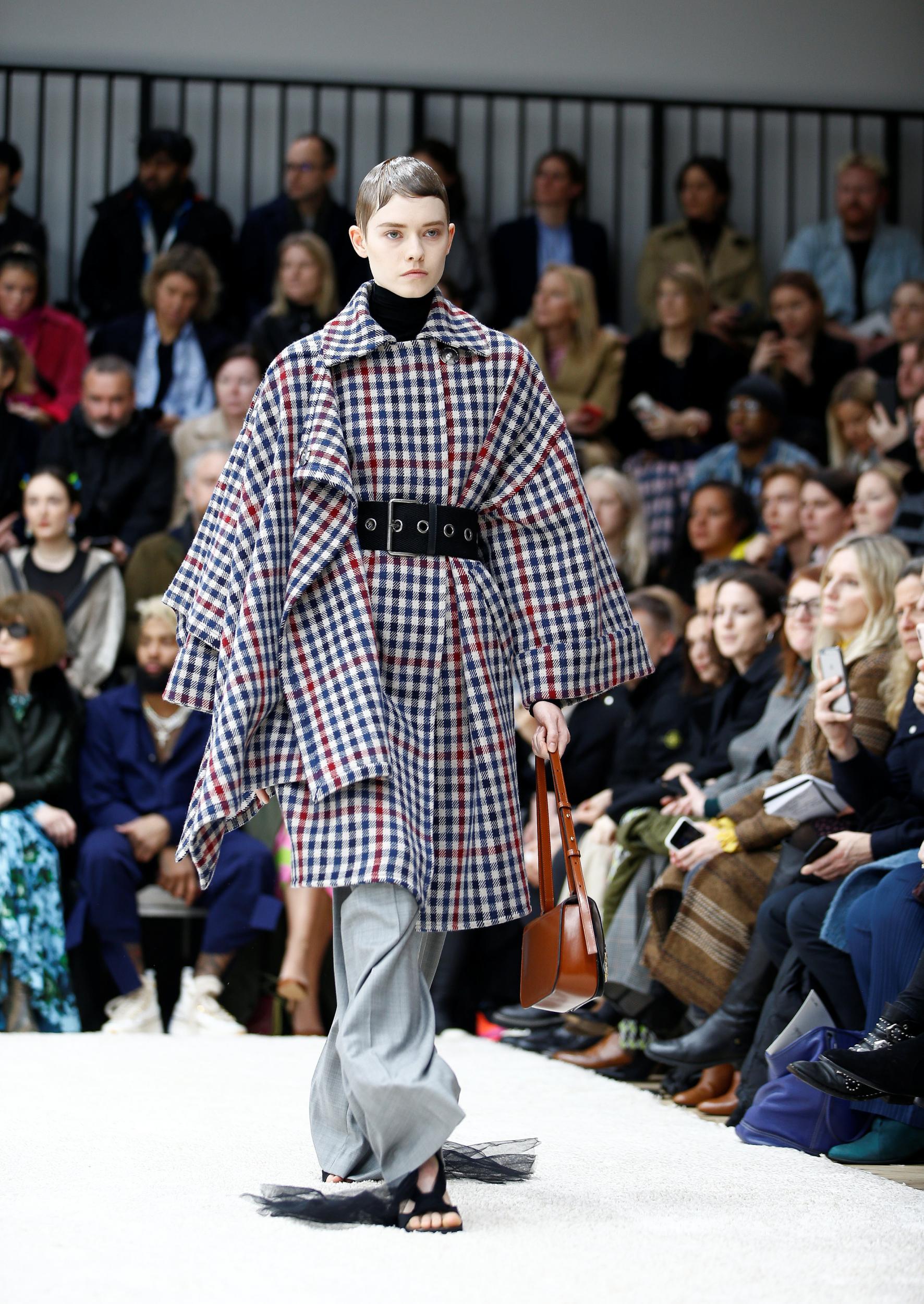 A model presents a creation during the JW Anderson catwalk show at London Fashion Week Women’s A/W19 in London