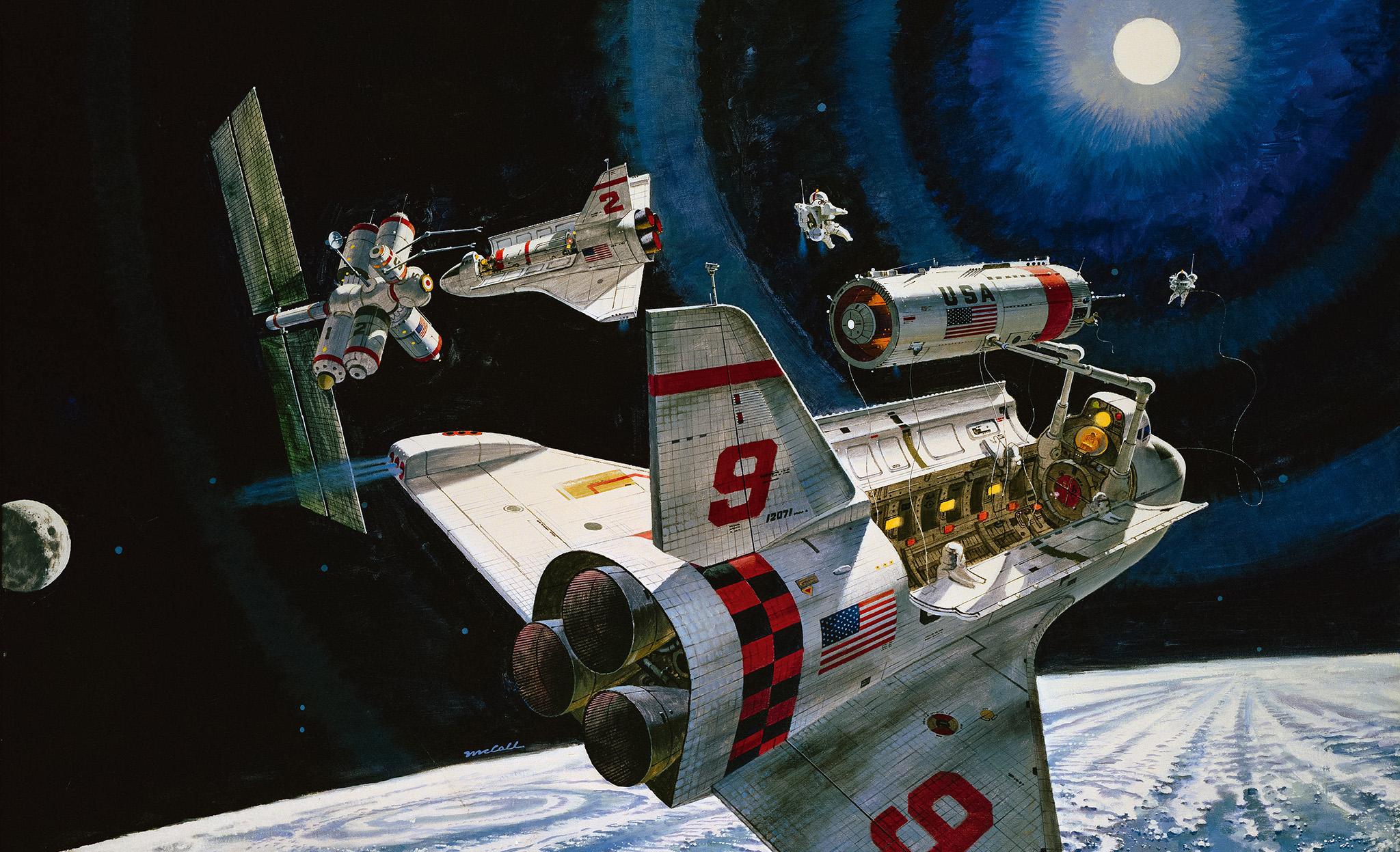 Robert McCall’s mid-1970s prediction of NASA’s space shuttle building a modular space station is close to what finally happened, except that the real shuttles only flew one at a time.
