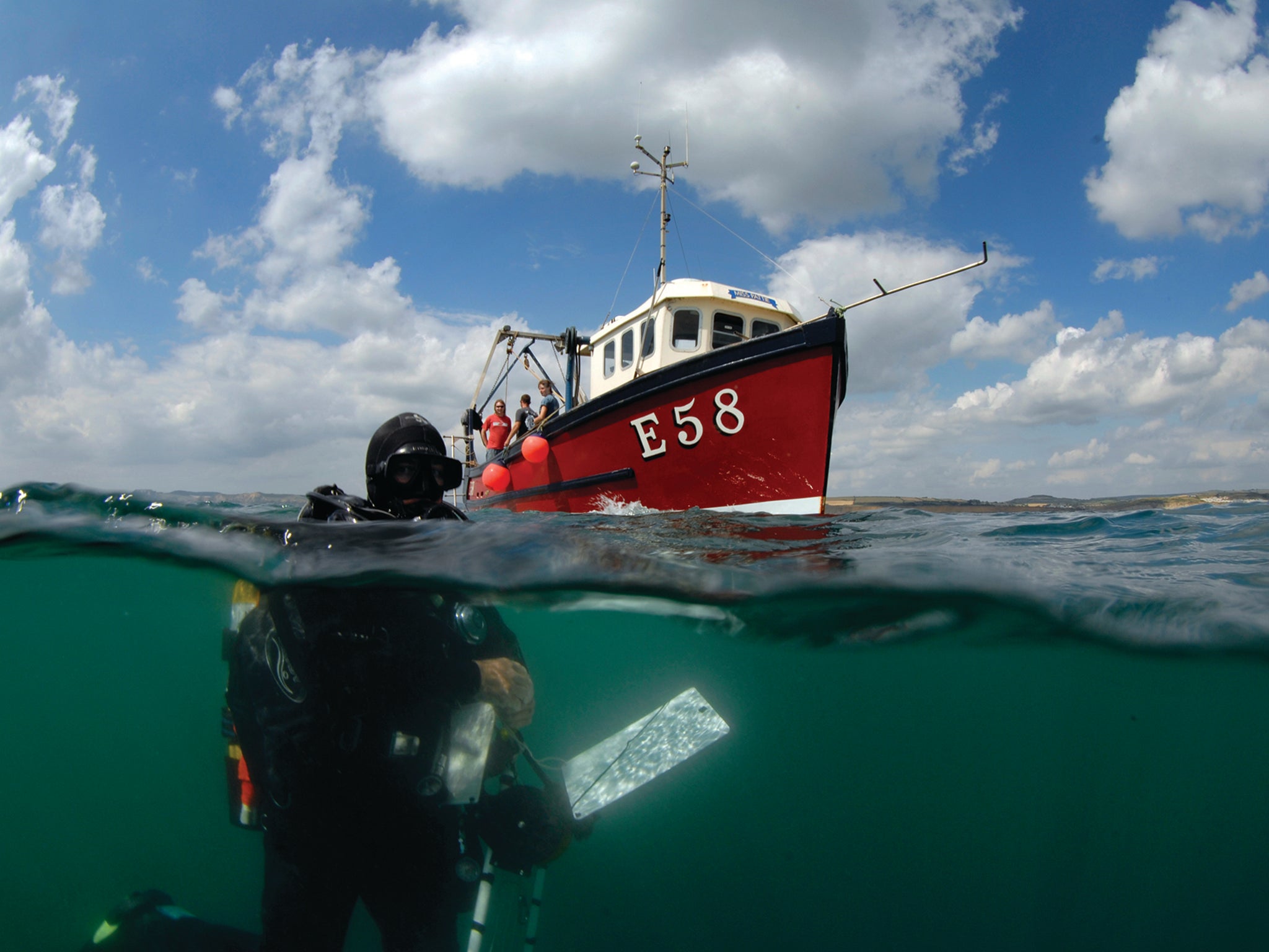 A diver surfaces at the end of a seabed survey in Lyme Bay