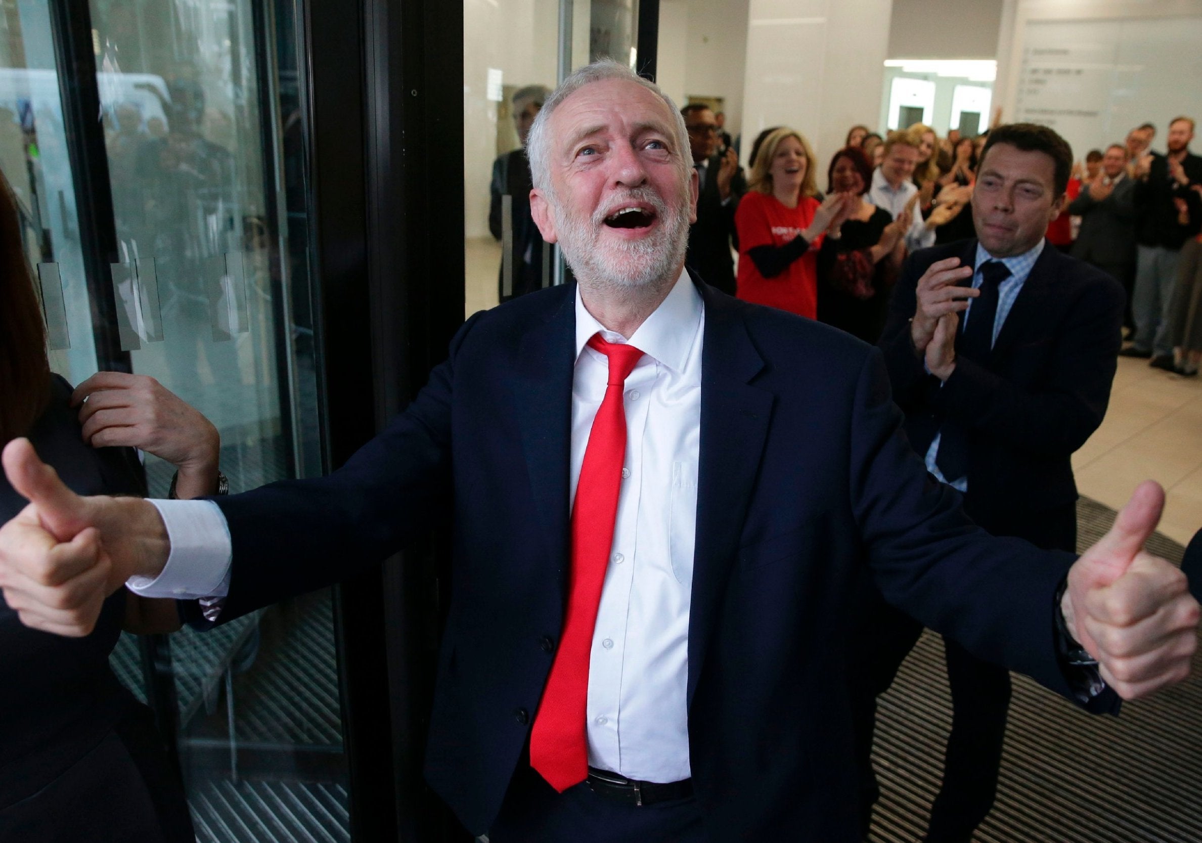 Corbyn celebrates his party’s better-than-expected showing in the June 2017 general election