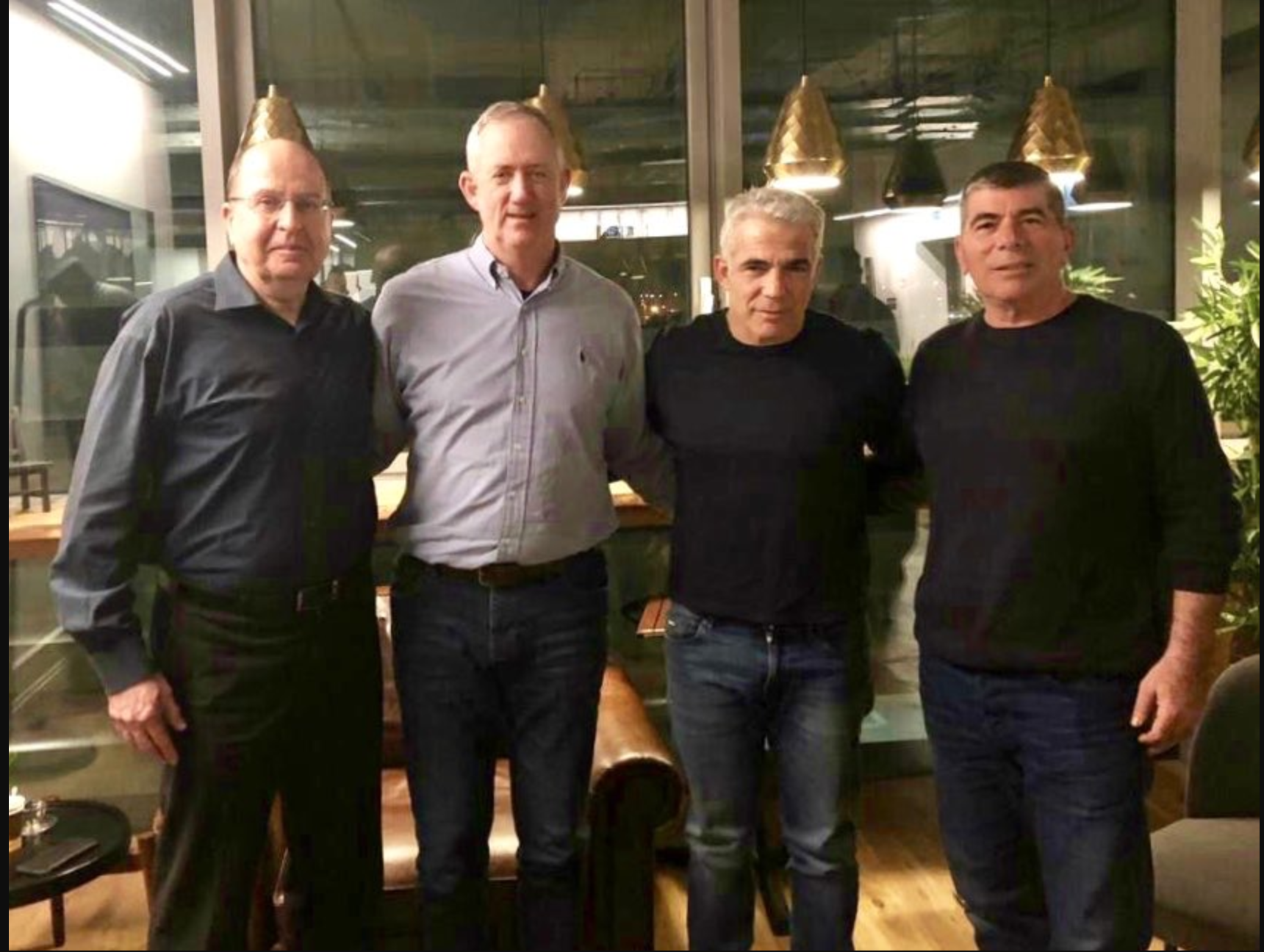 Photo tweeted by centrist politician Yair Lapid to announce a new coalition with ex-army chiefs Benny Gantz, Moshe Ya’alon and Gabi Ashkenazi