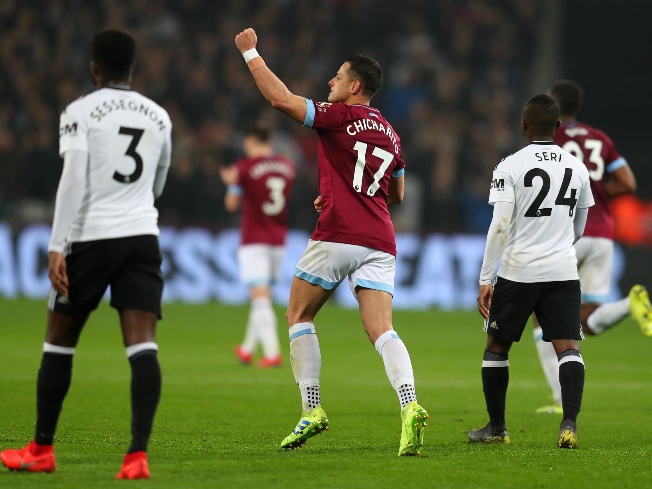 Javier Hernandez celebrates scoring West Ham's first goal of the night