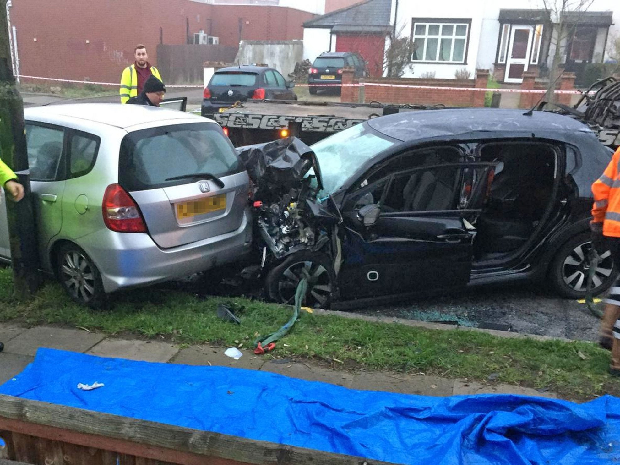 A man and woman in their 70s died after the Citroen C3 car they were traveling in (right) was hit by a Ford Transit van which was being pursued by police