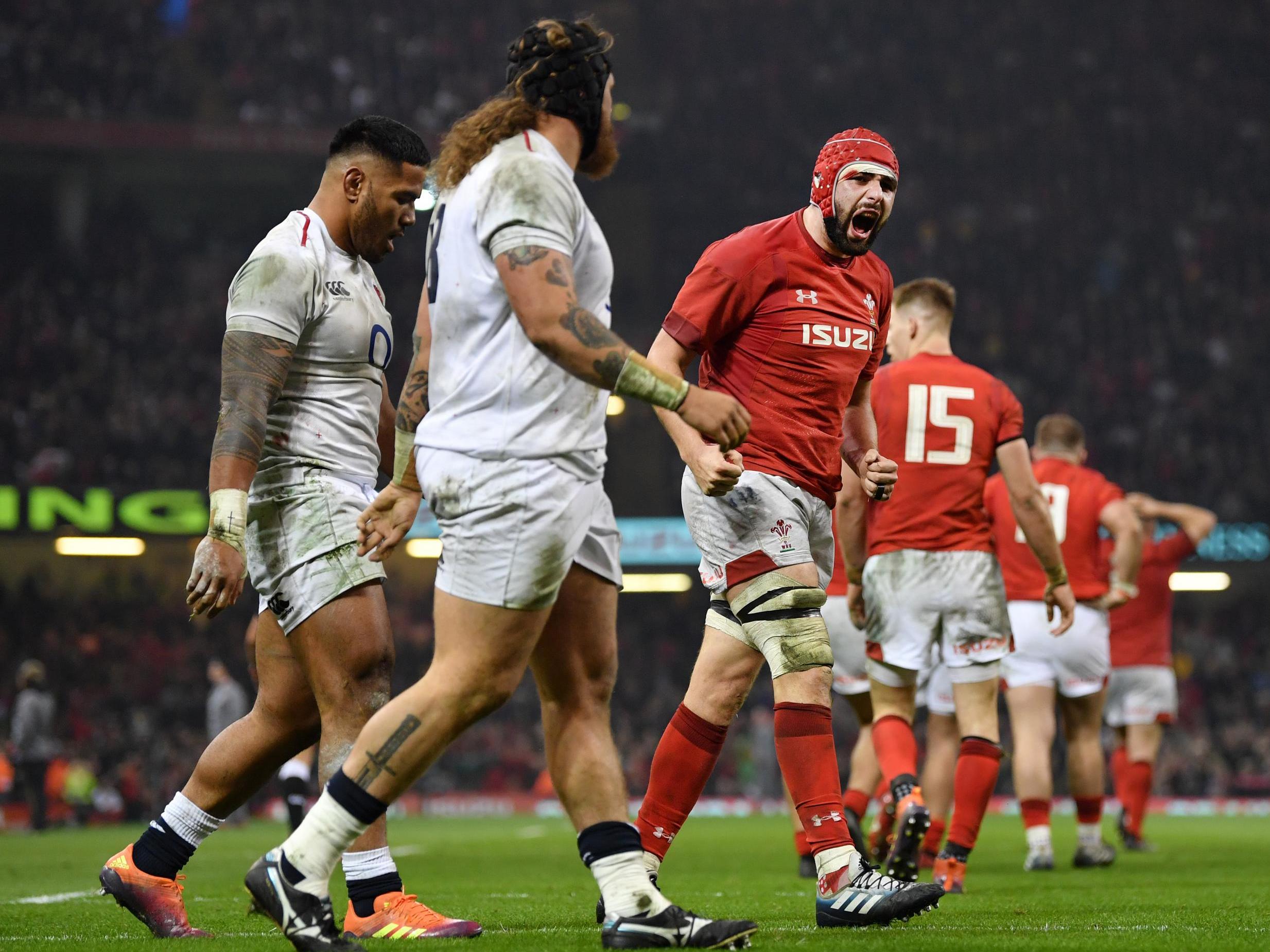 Cory Hill roars after putting Wales ahead with a try (Getty)