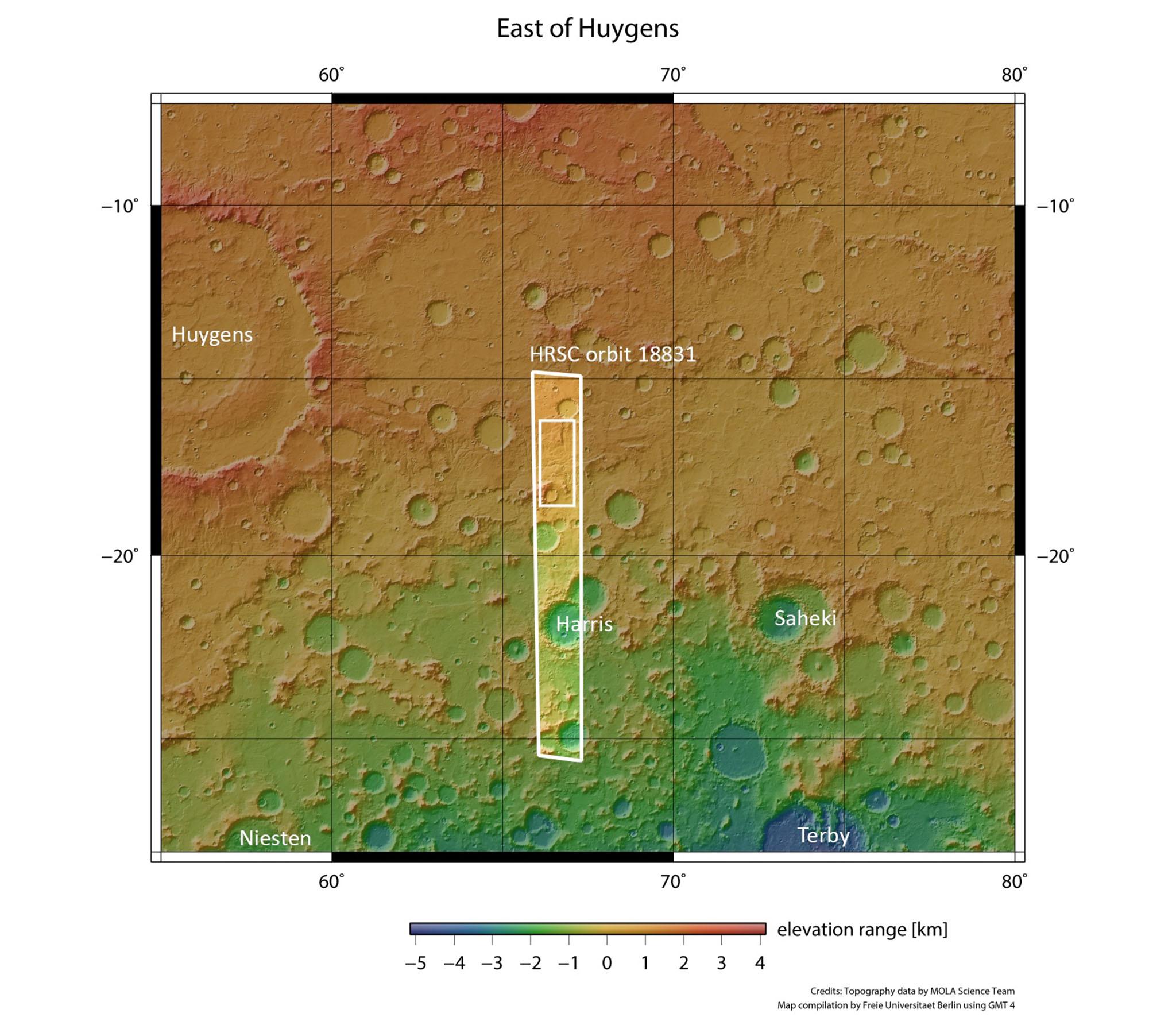 This image shows the landscape in and around a network of dried-up valleys on Mars. The region outlined by the bold white box indicates the area photographed by the Mars Express.