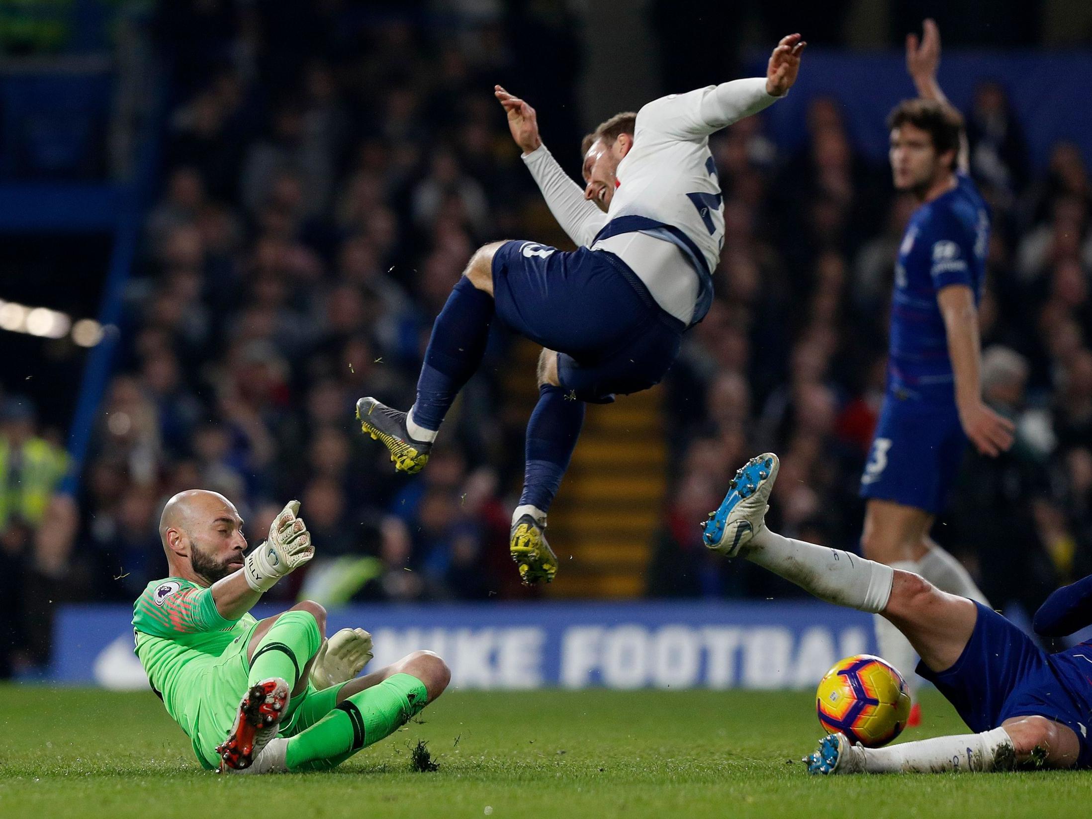 Willy Caballero saves a close-range shot from Christian Eriksen