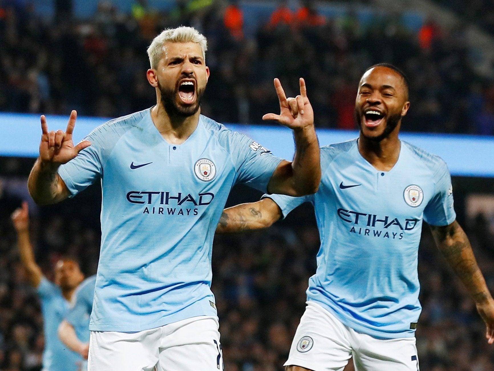 Aguero celebrates scoring against West Ham