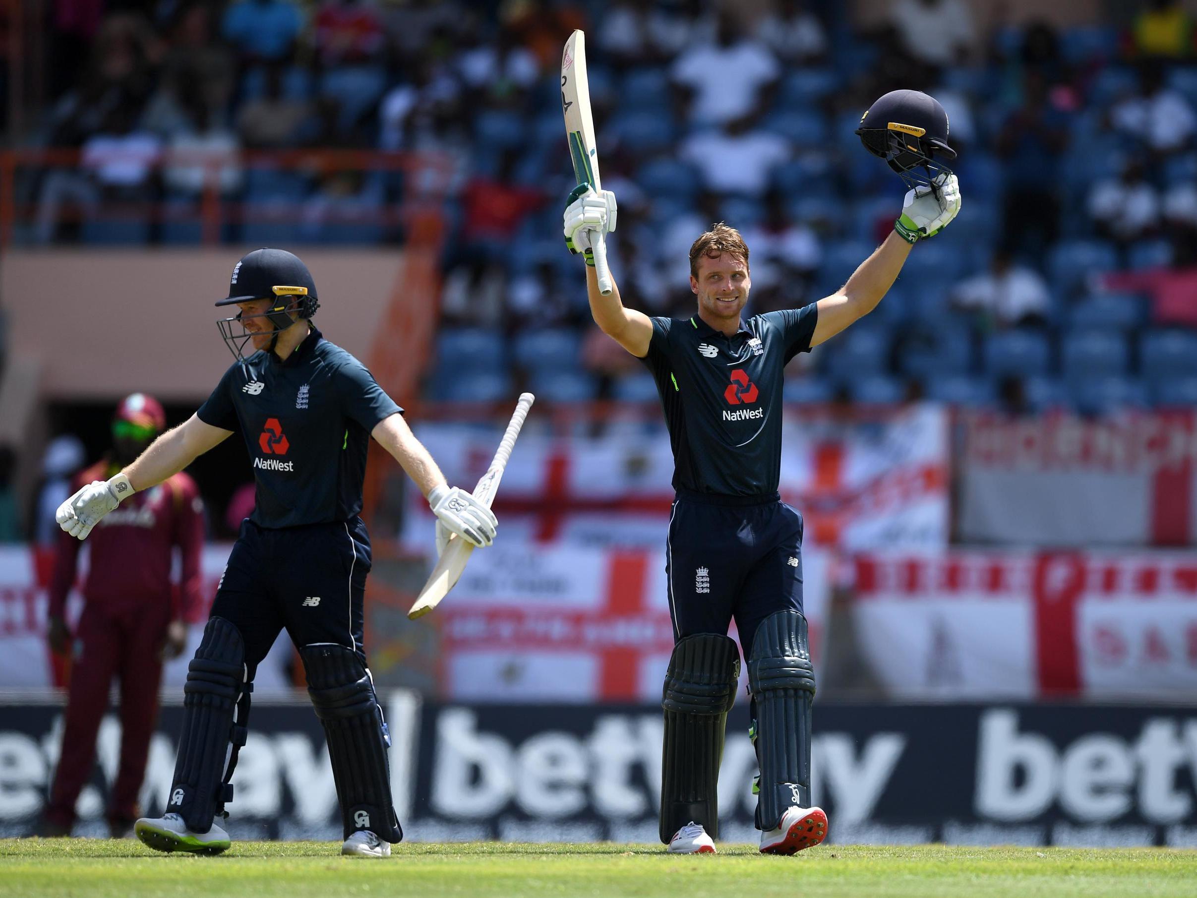 Jos Buttler celebrates reaching his century for England