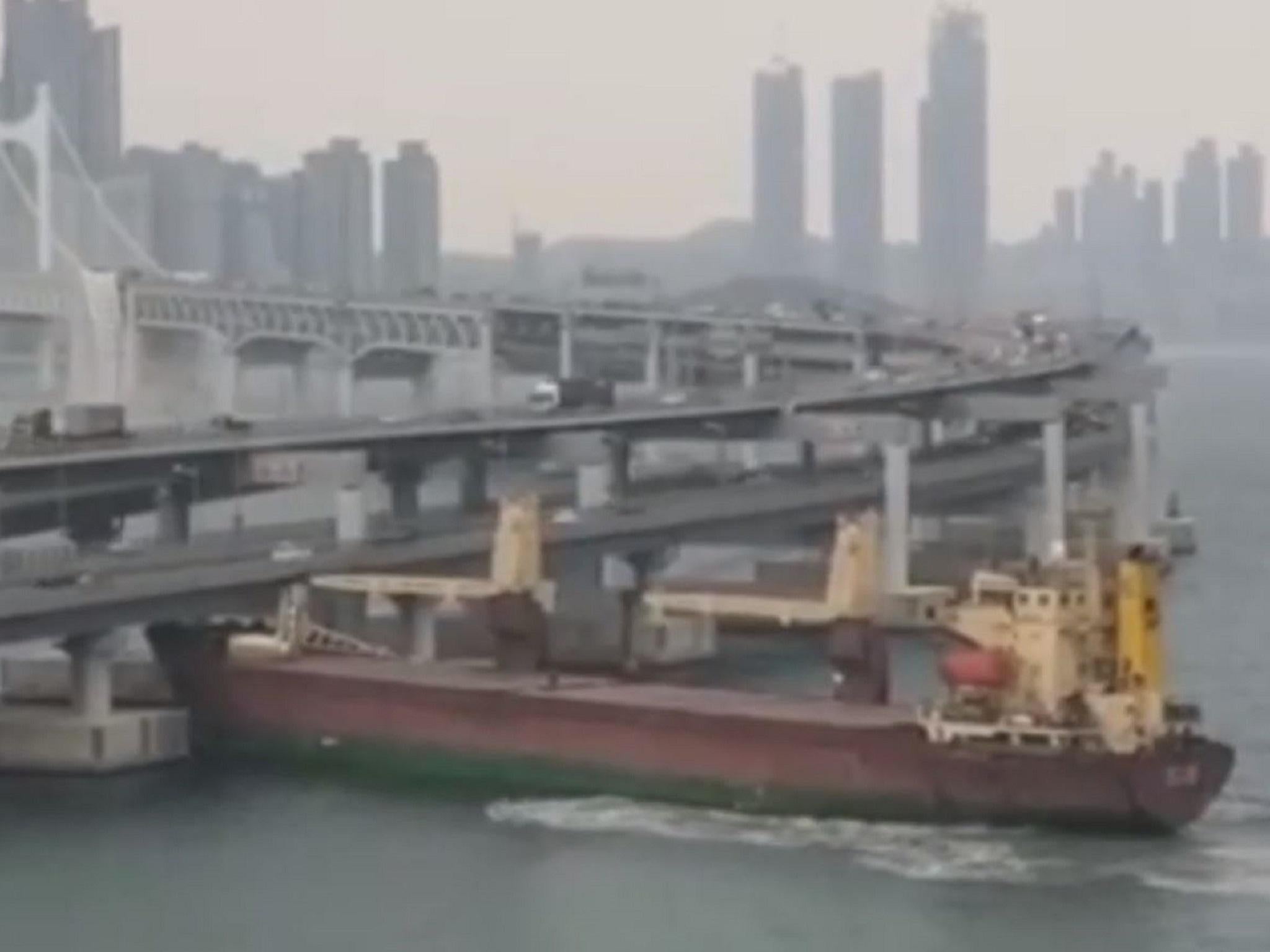 The Russian cargo ship Seagrand bumps into the side of the Gwangan Bridge in Busan, South Korea, 28 February 2019.