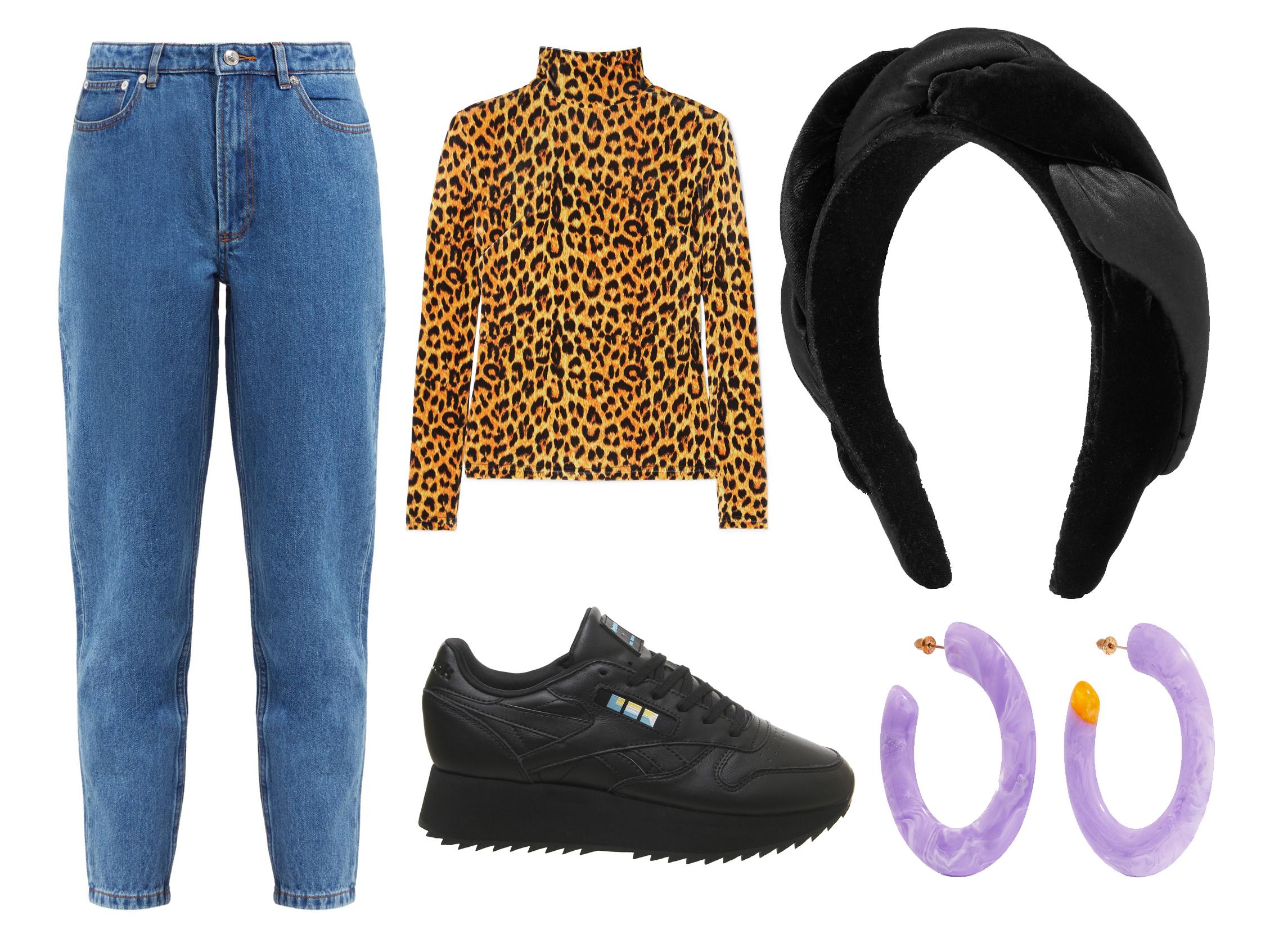 APC 1980s-style cotton-blend jeans: £200, Richard Quinn leopard-print stretch-velvet turtleneck top: £580, Reebok classic leather bold trainers: £100, Sophia Buhai braided velvet and satin headband: £212, Cult Gaia Mira acrylic hoop earrings, £55.