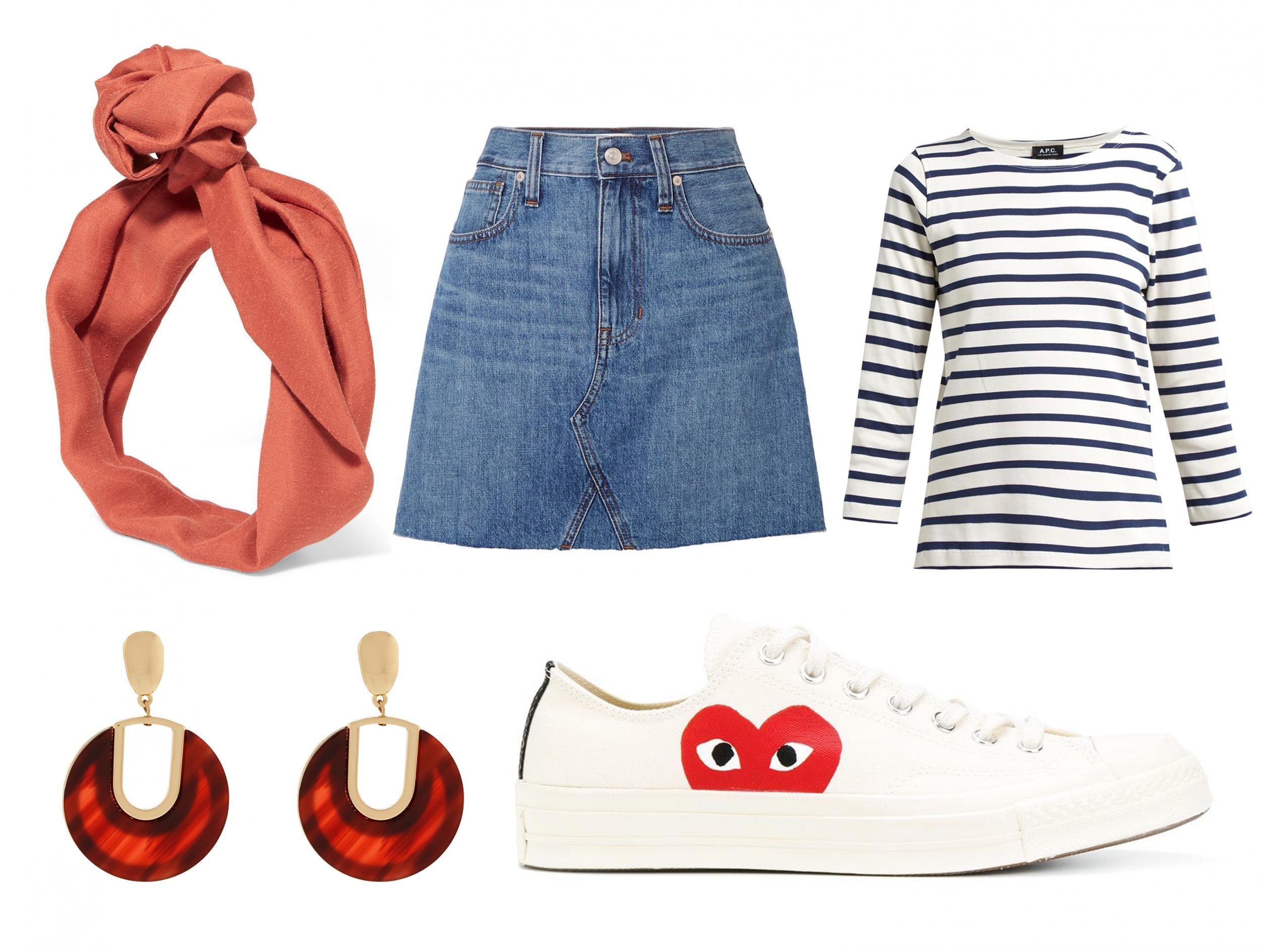 Cult Gaia Turband gauze headband: £45, Accessorize Alba statement earrings: £10, Madewell frisco distressed denim mini skirt: £80, Commes des Garcons converse: £115, APC Breton stripe long-sleeved T-shirt: £105.